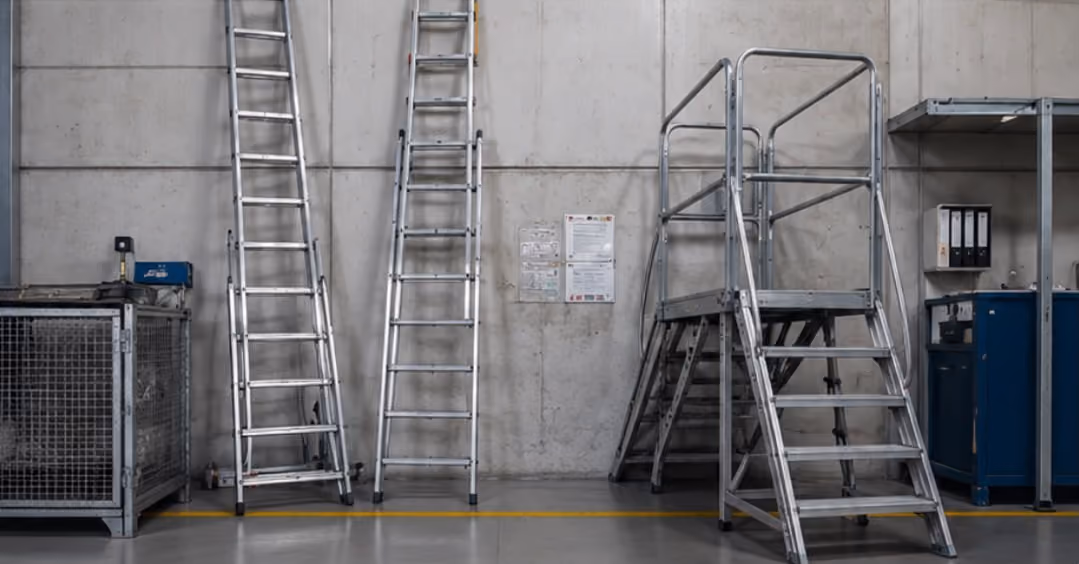 Mehrere Leitern und Hohe Tritte stehen an einer Wand in einer großen Halle.