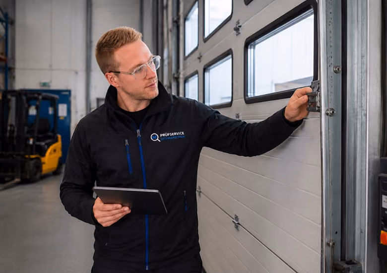 Prüfer mit Tablet prüft ein Tor in einer Industriehalle mit Gabelstapler im Hintergrund.