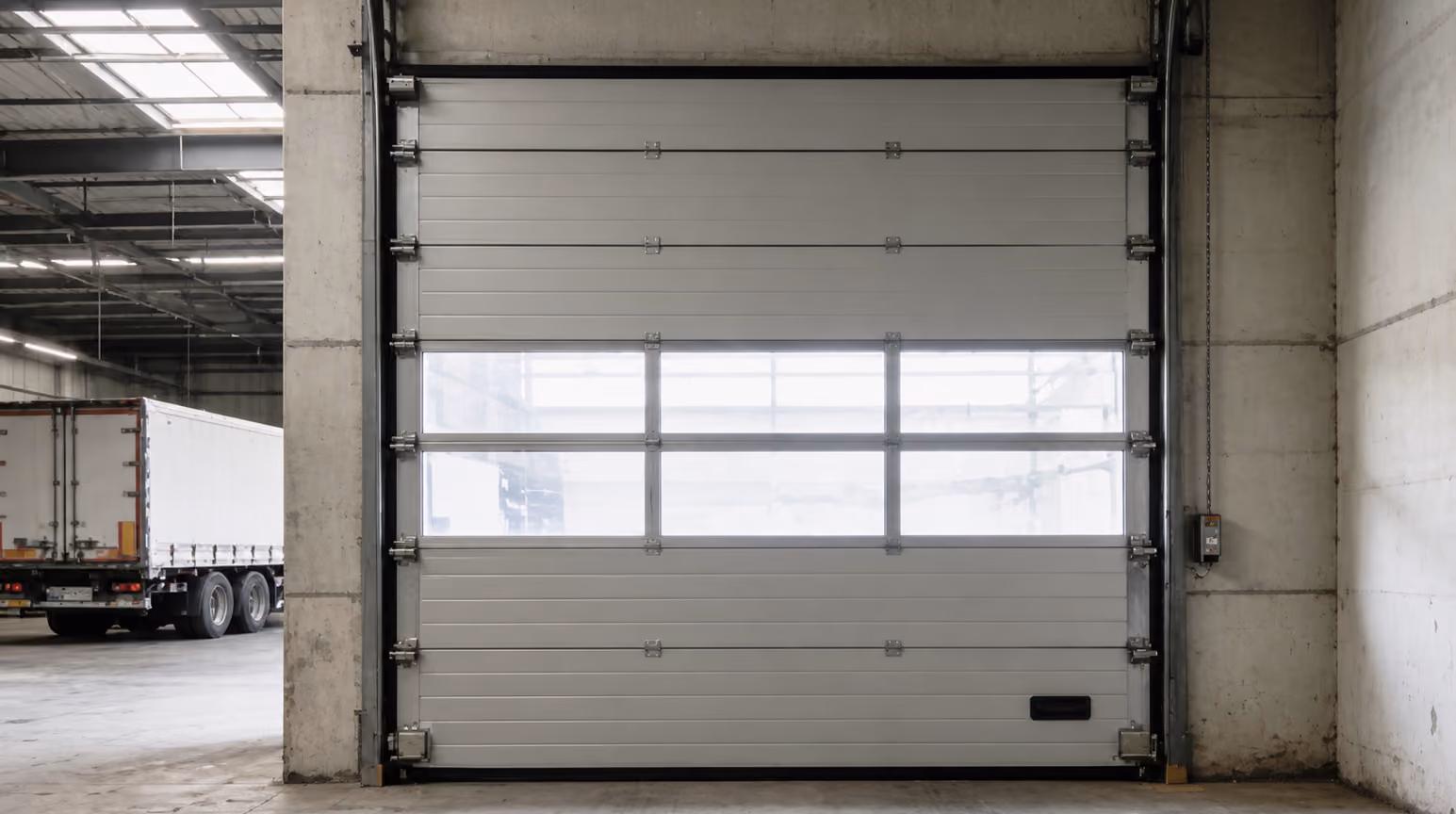 Graues Sektionaltor mit Fenstern in einem industriellen Lager mit einem Lkw links.