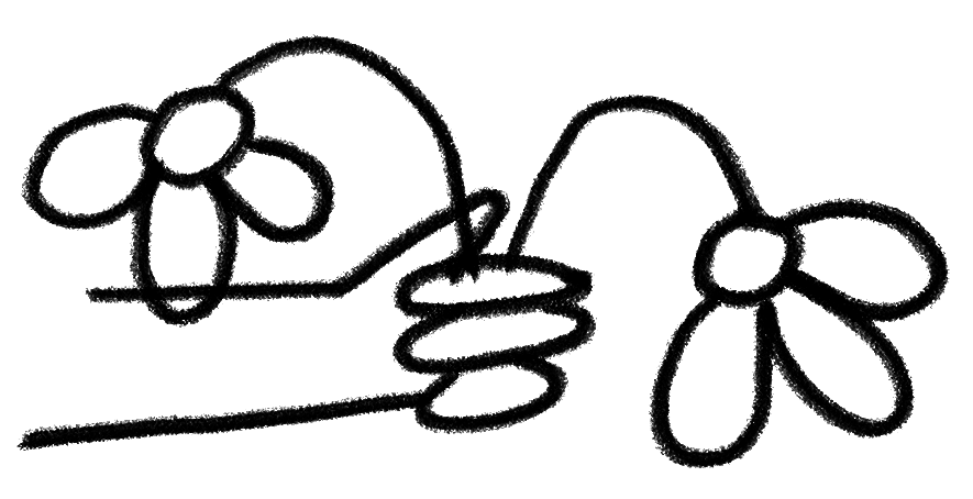 hand drawn image of a haond holding two flowers arching down