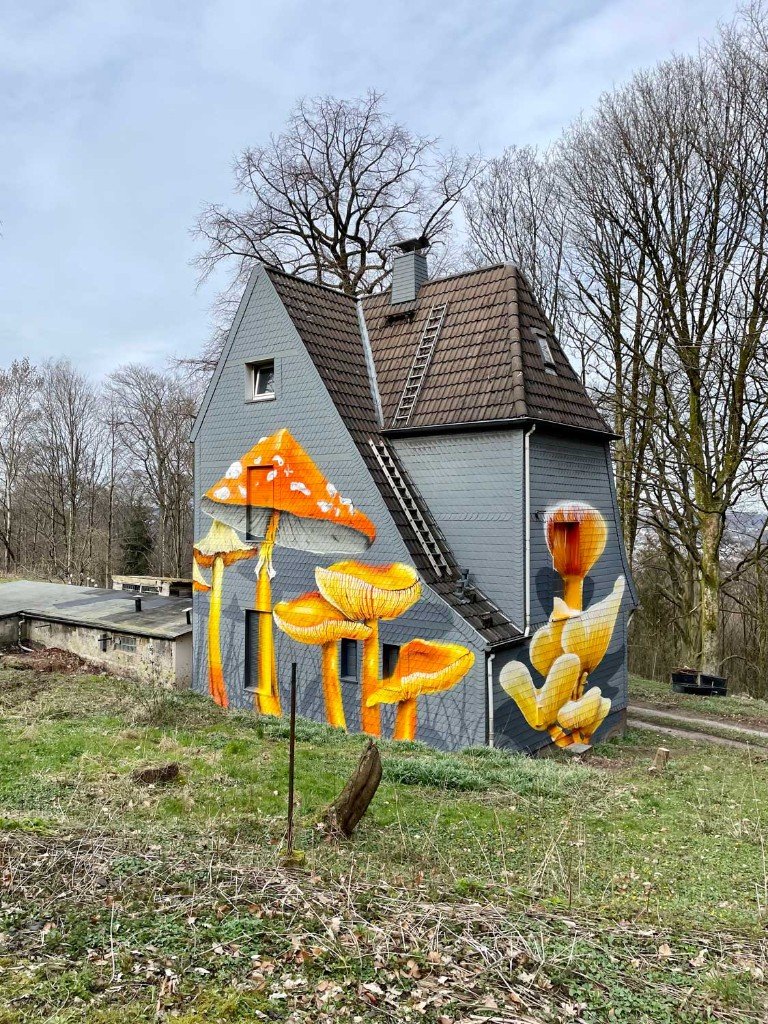 Architectural overview of Mushroom House — Königshöhe with surrounding vegetation