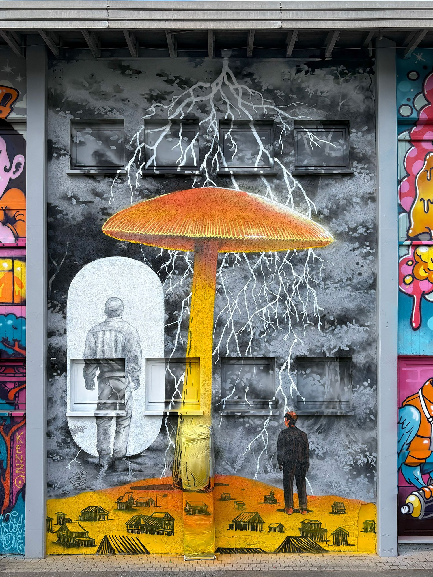 Kopstal Luxembourg mural by Fungi Fresh — monumental mushroom and mycelial network, 2026