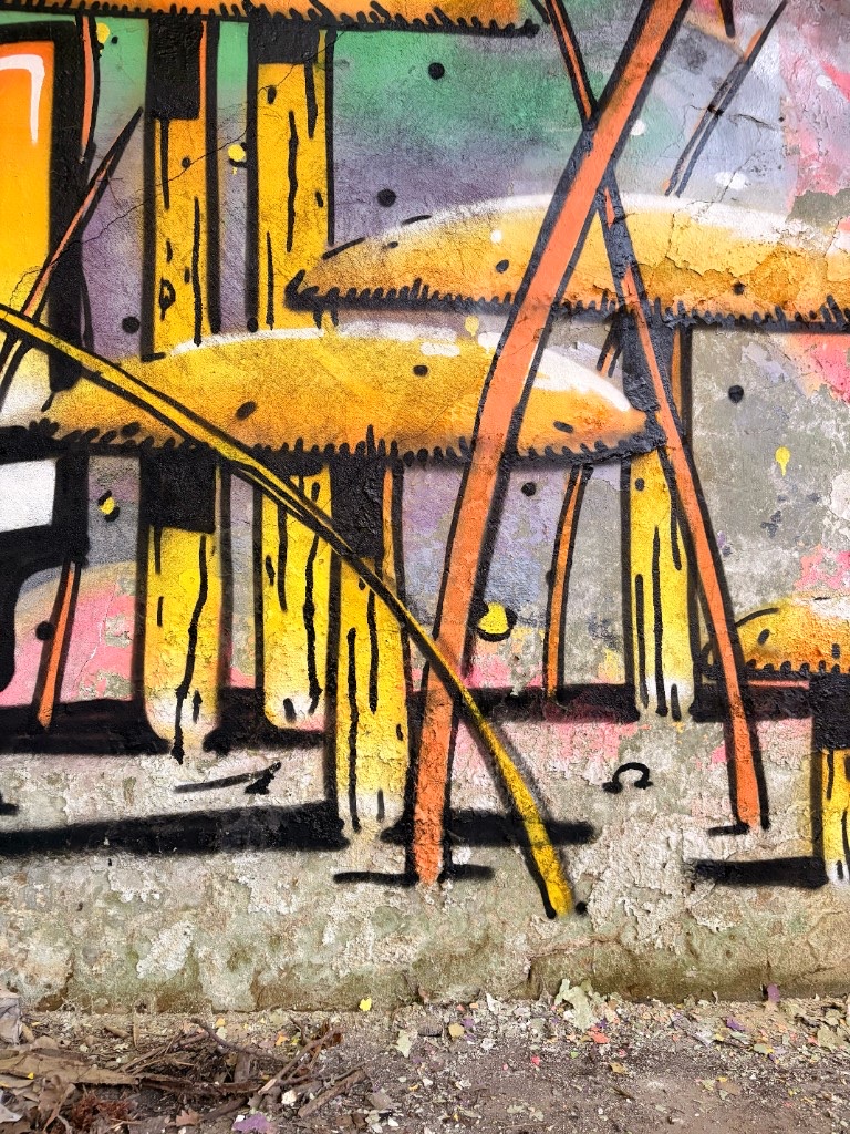 Detail of fruiting body forms — caps, stems and spores painted on a weathered concrete wall
