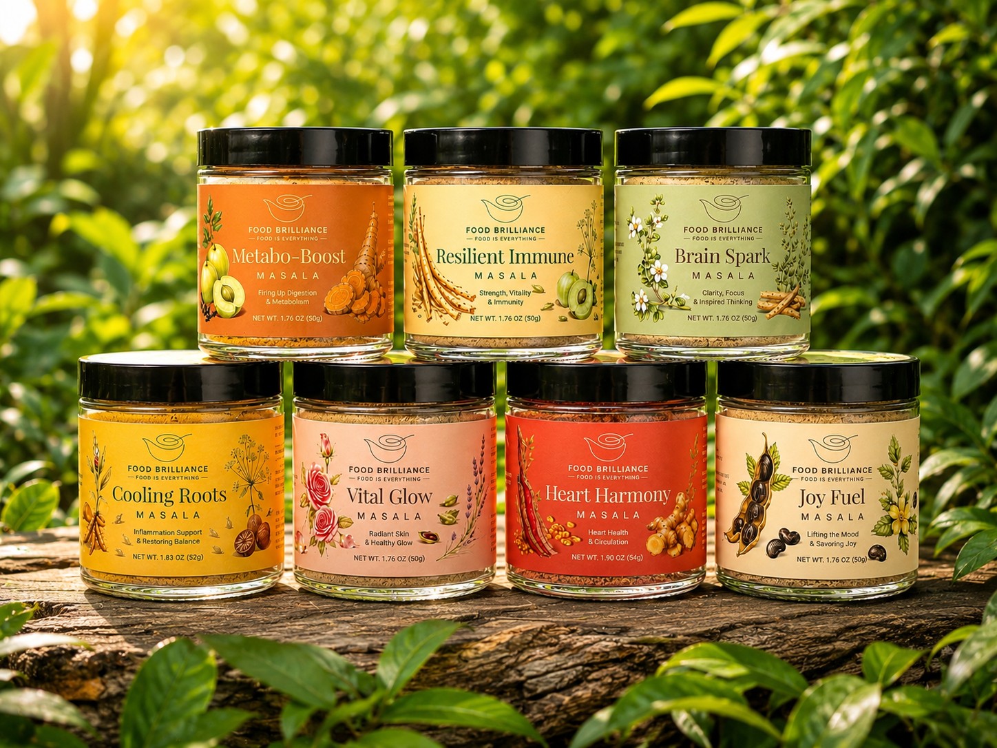 Seven jars of Food Brilliance masalas in natural light