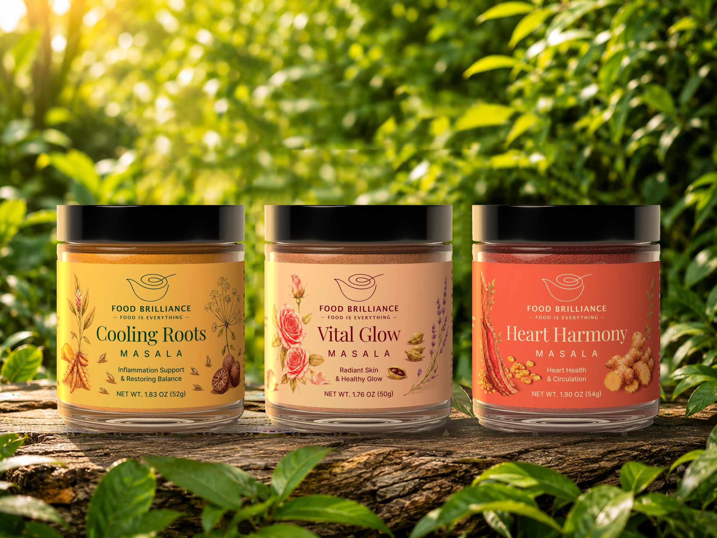 Cooling Roots, Vital Glow and Heart Harmony masala jars on a log in natural light