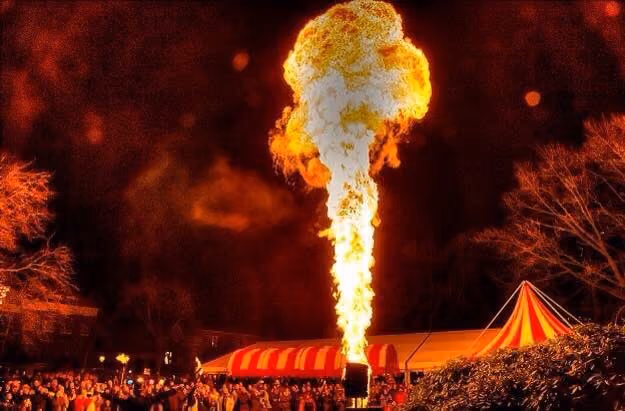 Een grote vlamspuwer die een enorme vuurstraal in de lucht blaast tijdens een nachtelijk evenement met een menigte mensen en een tent op de achtergrond.