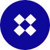 White geometric diamond-shaped cross pattern on a dark blue circular background.
