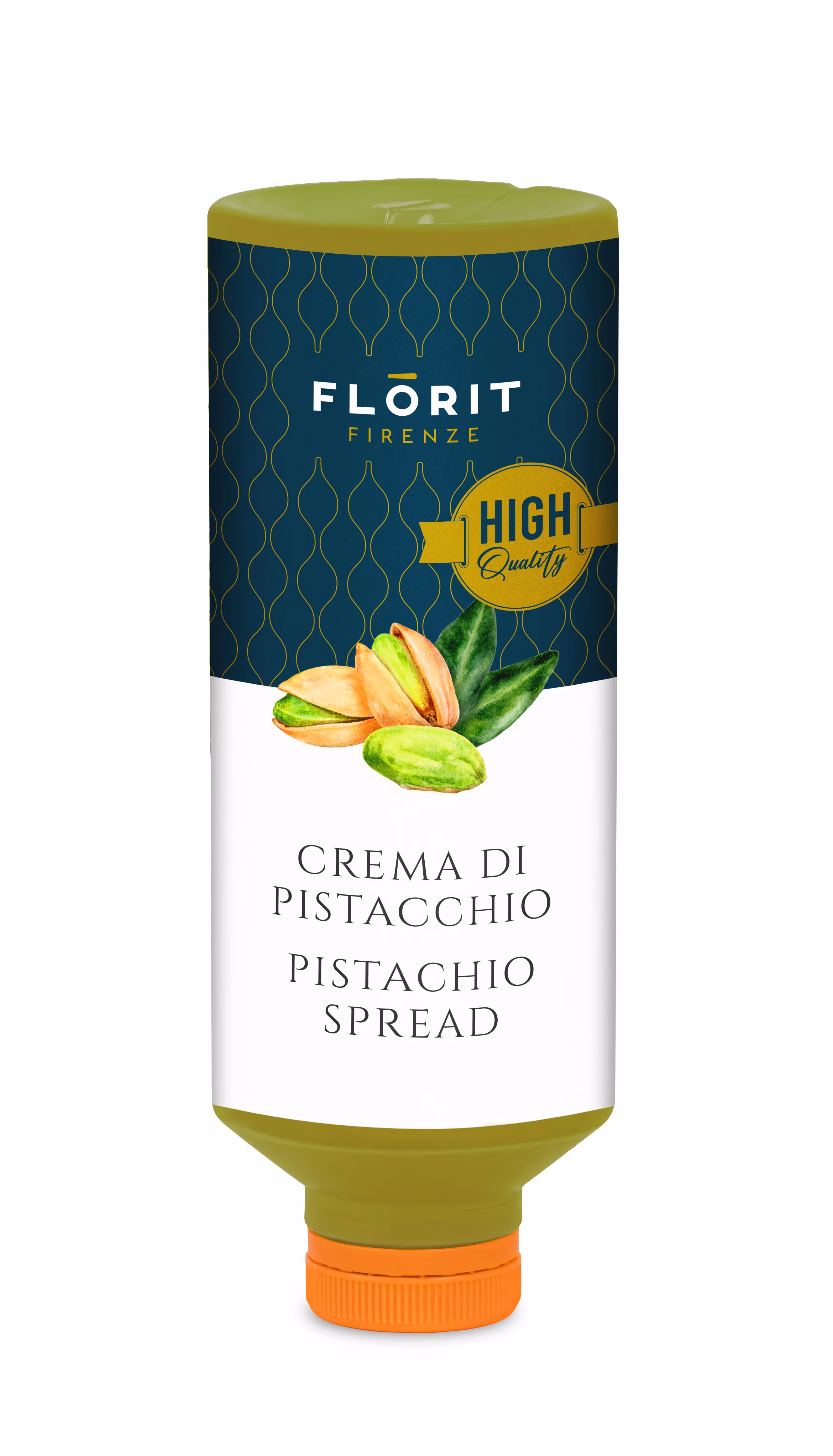 Tube of Florit Firenze pistachio spread with pistachio nut illustration on label.
