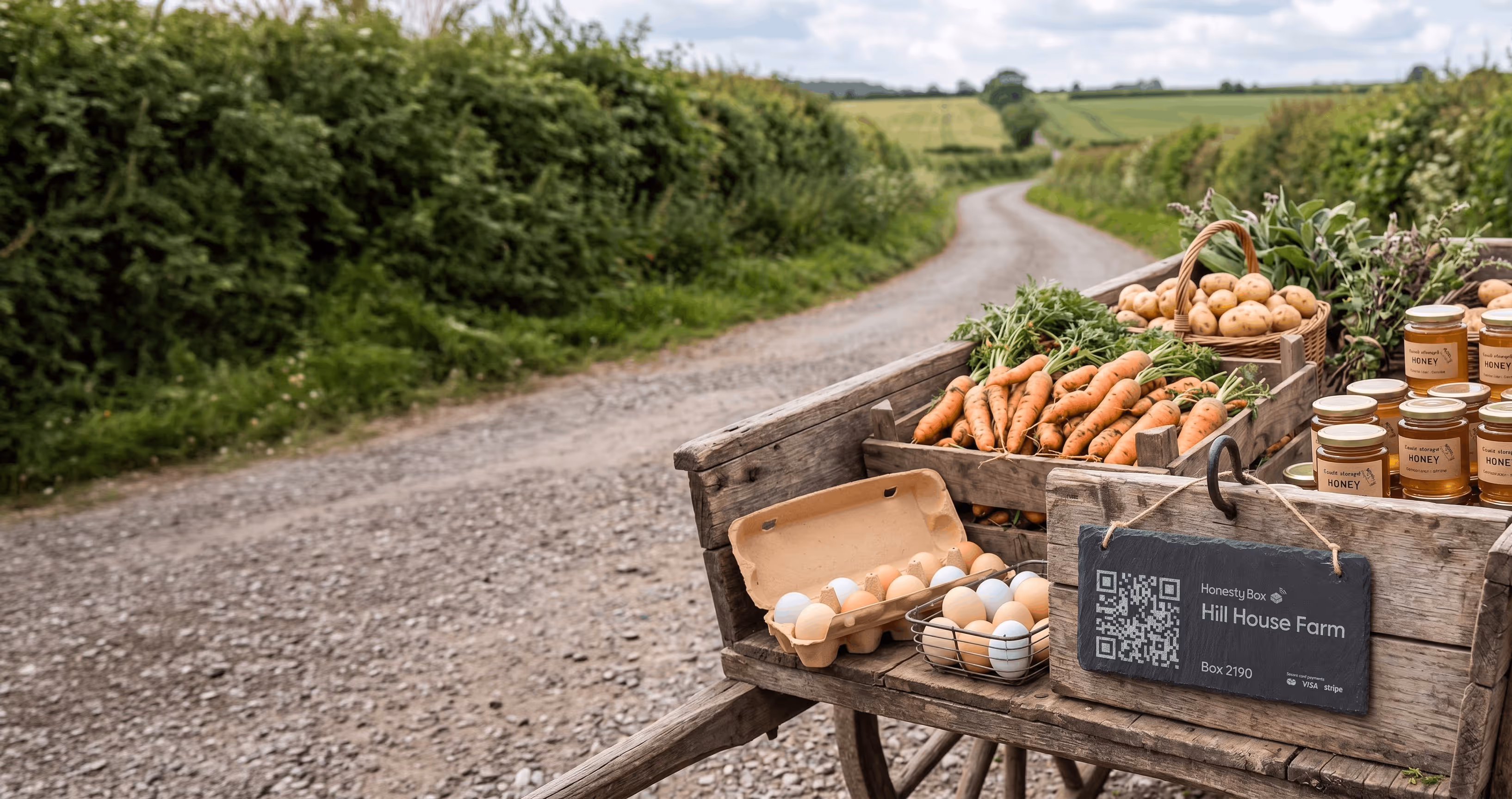 Rustic wooden cart on a gravel country road displaying fresh carrots, eggs, potatoes, jars of honey, and a sign for Hill House Farm with a QR code for honesty box payment.