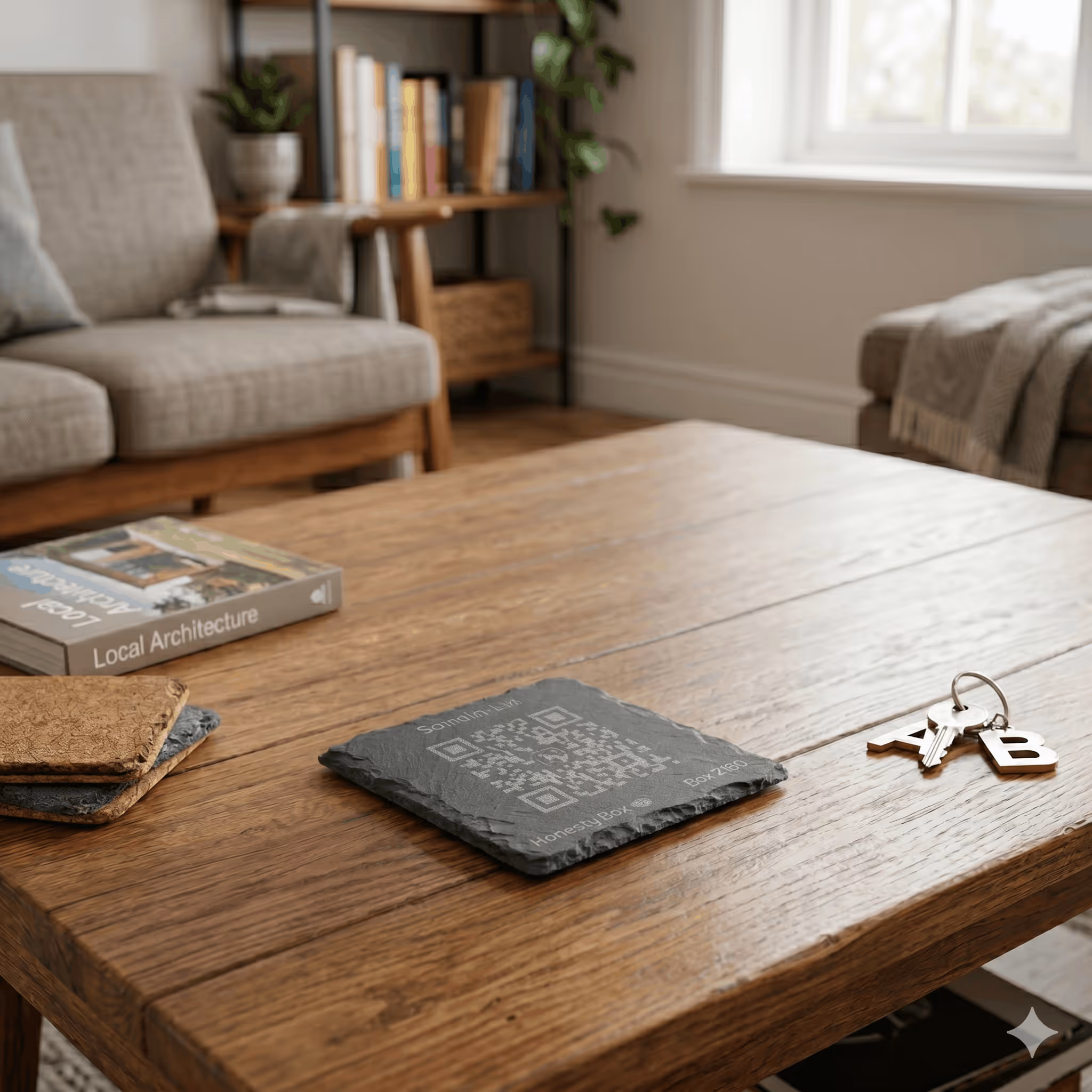 Wooden coffee table with a QR code plaque, set of keys with alphabet keychains, coasters, and a book titled 'Local Architecture' in a cozy living room.