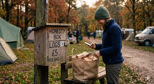 Woman wearing a green beanie and navy jacket paying with smartphone at a wooden honesty box selling bags of logs for £5 in a forest campsite.