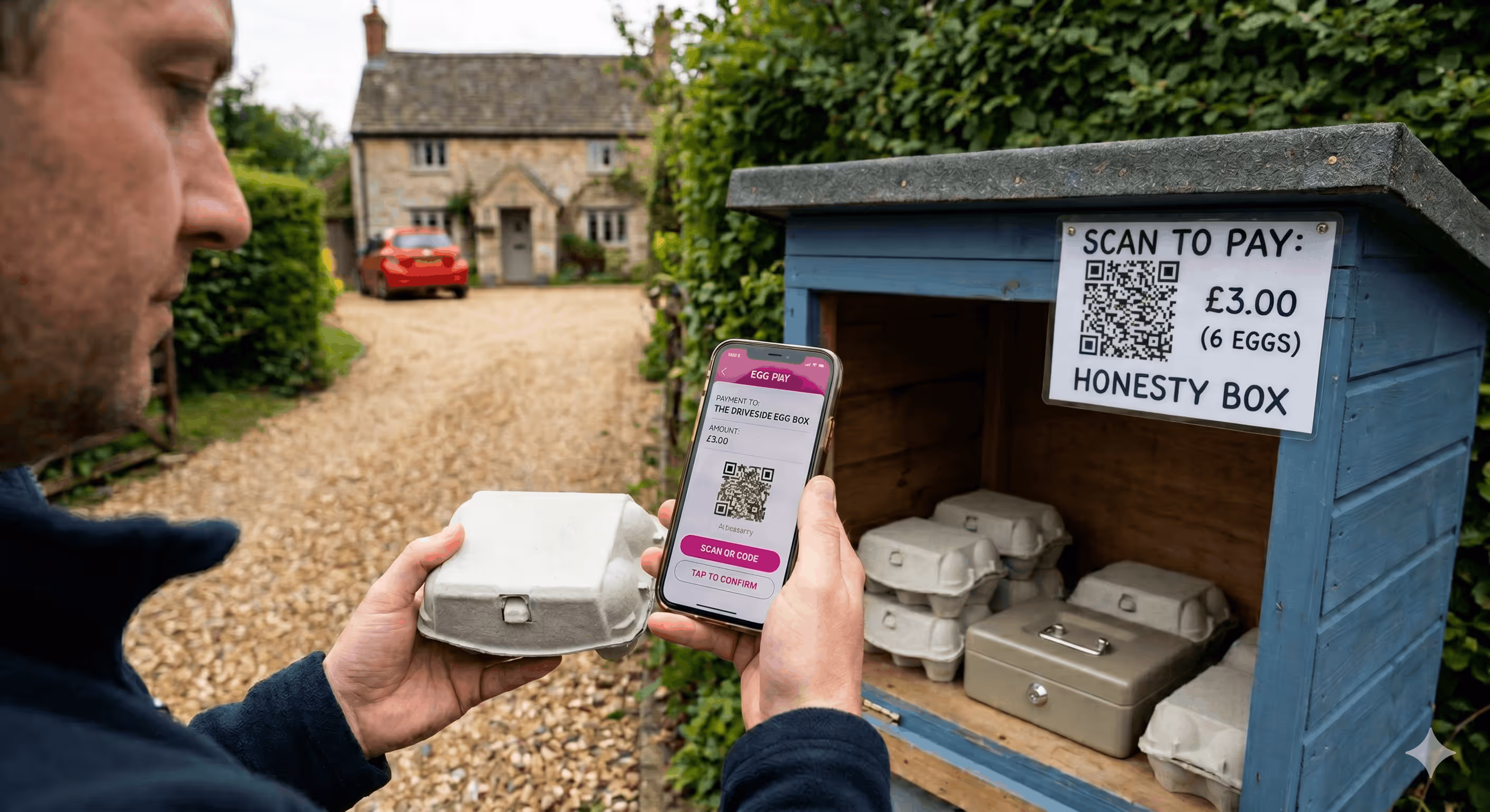 Person holding a carton of eggs and a phone displaying a payment app in front of a blue honesty box for eggs with a sign to scan a QR code to pay £3.00 for six eggs.