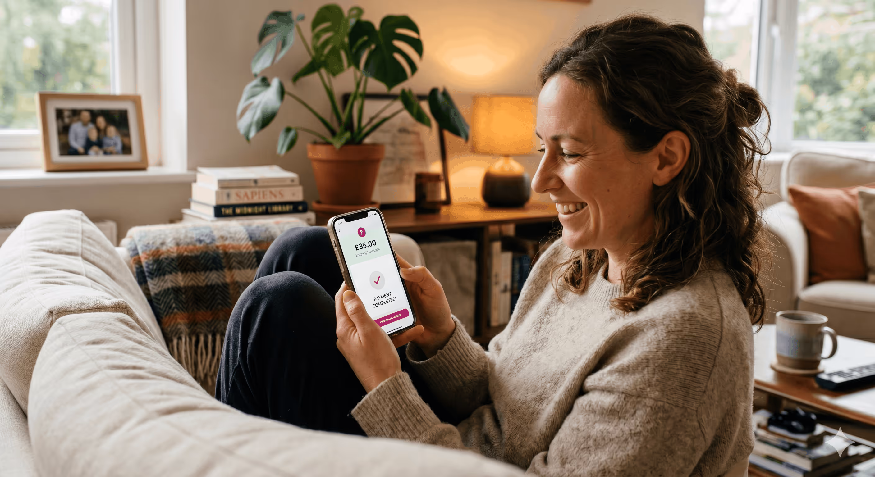 Smiling woman sitting on a beige couch holding a phone that shows a £35 payment completed confirmation.