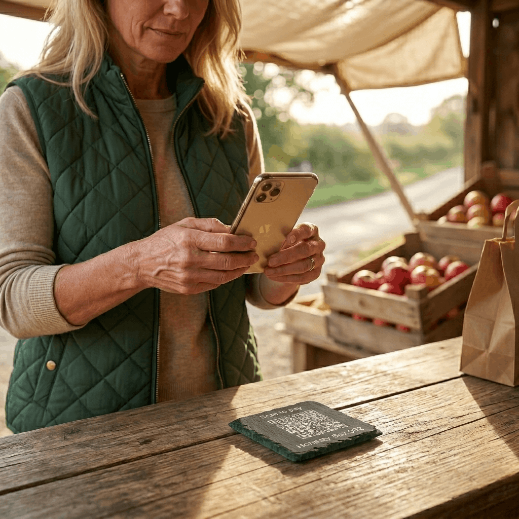 Woman holding smartphone near a wooden table with a QR code for pay online, with crates of apples in the background.