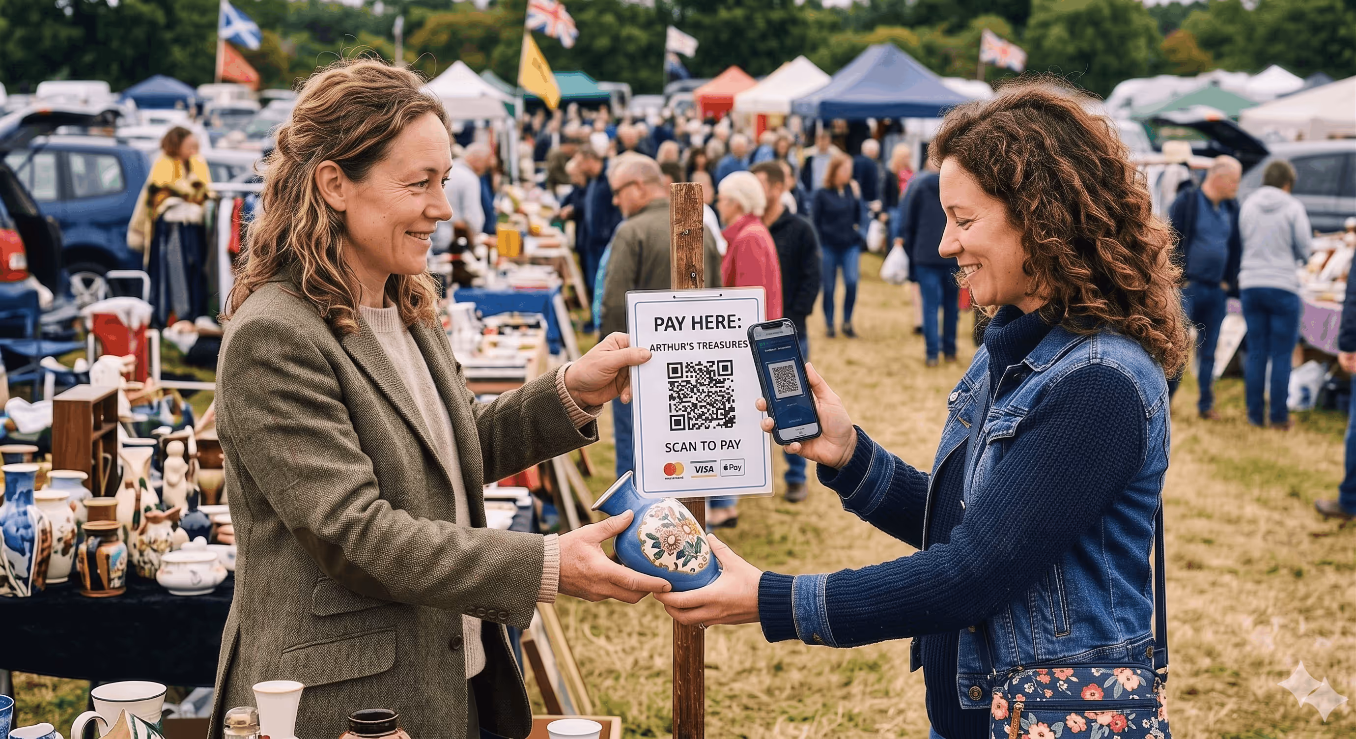 Two women exchanging a hand-painted ceramic vase at an outdoor market with a contactless QR code payment sign.