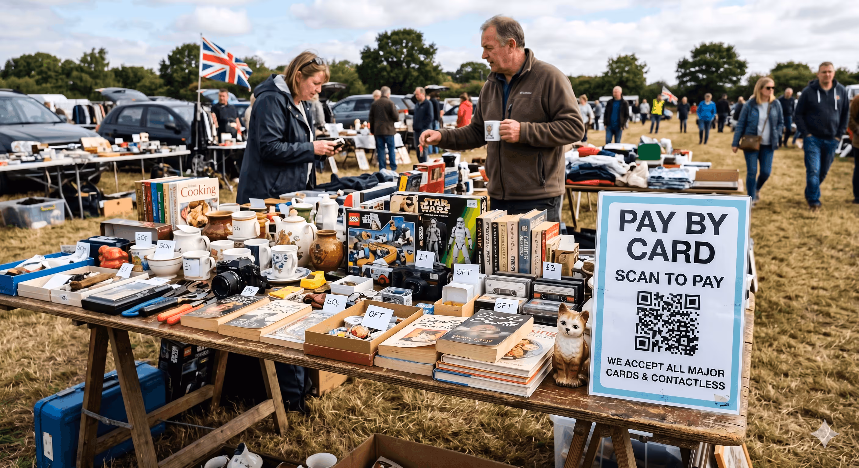 Outdoor flea market table with secondhand books, dishes, cameras, and toys, with a sign for card payments and people browsing.