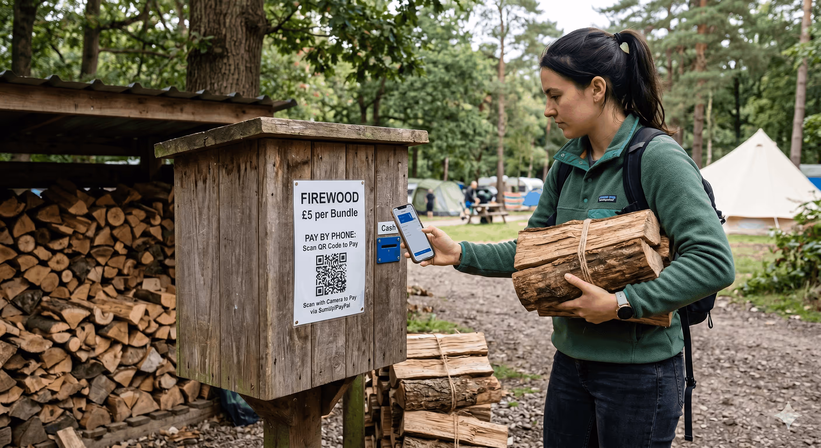 Woman holding bundles of firewood paying with smartphone by scanning QR code at a wooden firewood stand in a campsite.