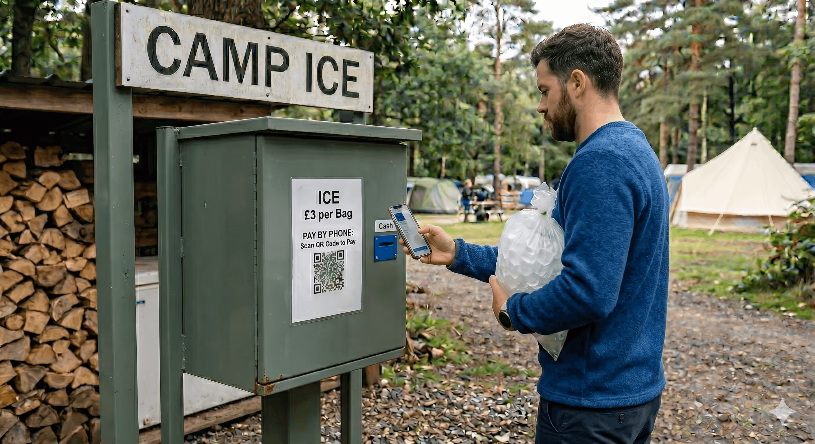 Man in blue sweater holding a bag of ice and scanning a QR code on an outdoor ice vending machine at a campsite.
