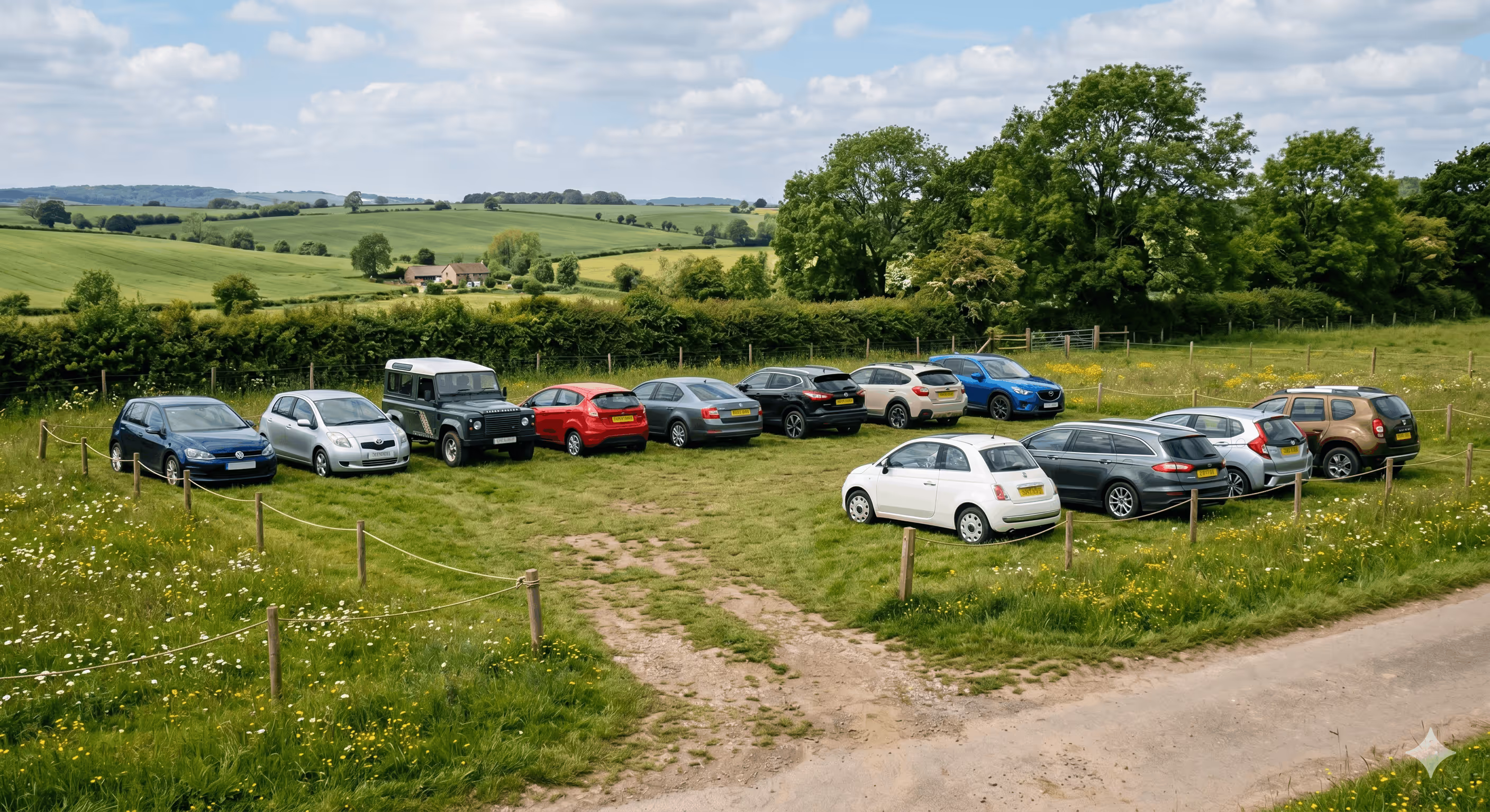Rows of various parked cars on grass in a rural area surrounded by wooden posts and rope, with rolling green hills and trees in the background.