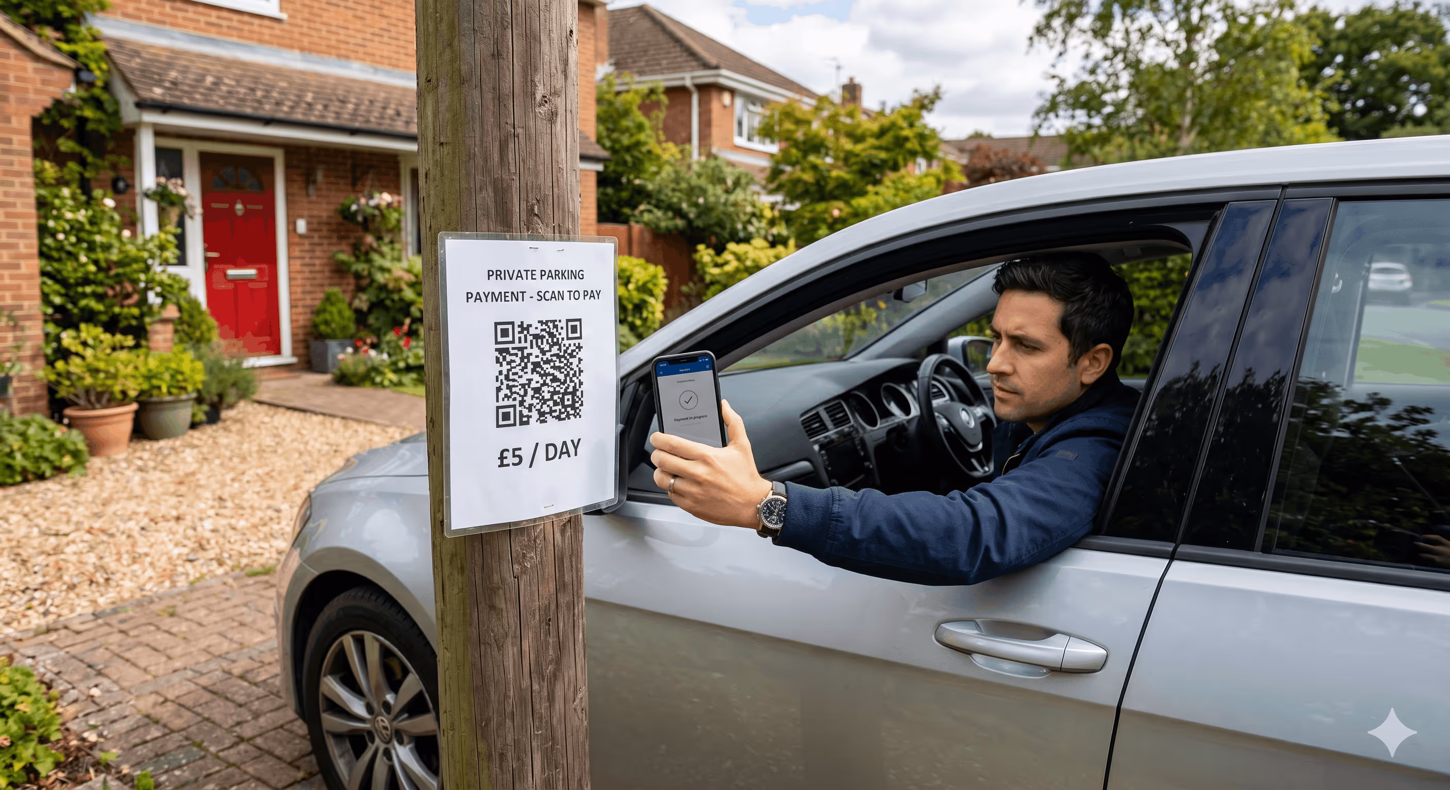 Man in a silver car scanning a QR code on a wooden pole to pay for private parking costing £5 per day.