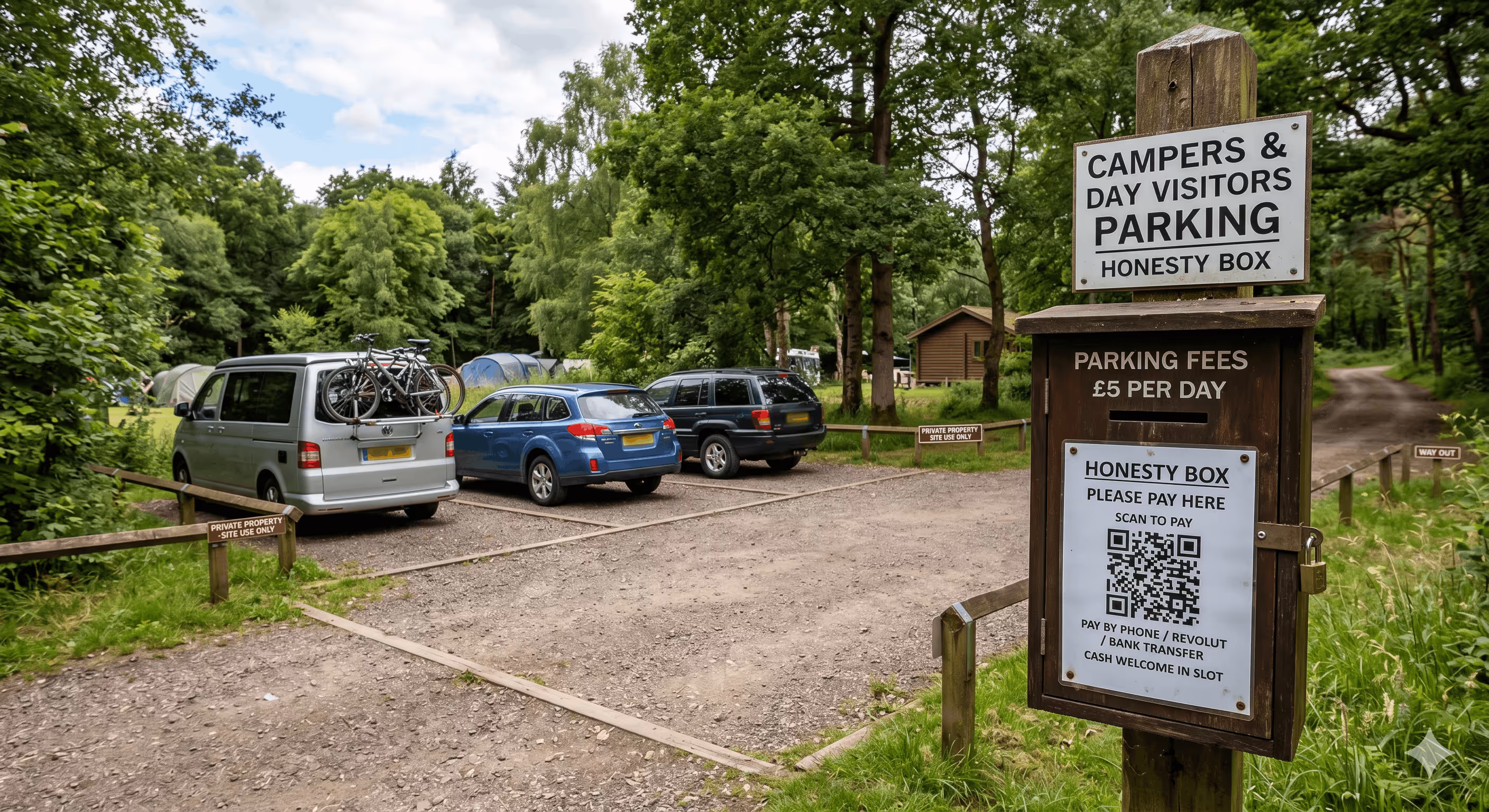 Campers and day visitors parking area in a forest with a wooden honesty box for £5 per day fees and a QR code for payment.