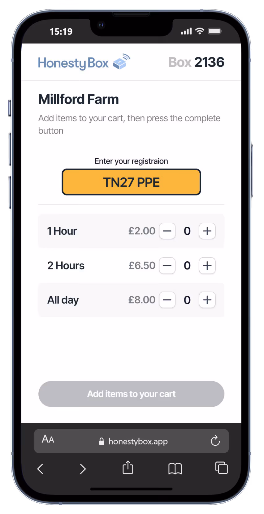 Mobile screen showing HonestyBox app for Millford Farm with options to select parking duration and pricing, and a registration input displaying TN27 PPE.