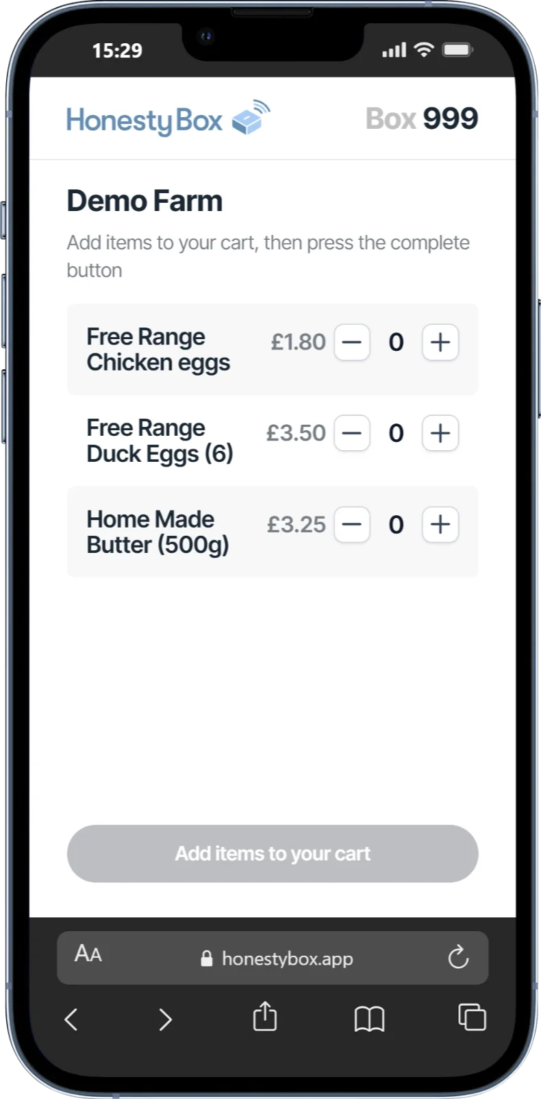 Mobile screen showing HonestyBox app UI for Demo Farm with items Free Range Chicken eggs, Free Range Duck Eggs, and Home Made Butter for adding to cart.