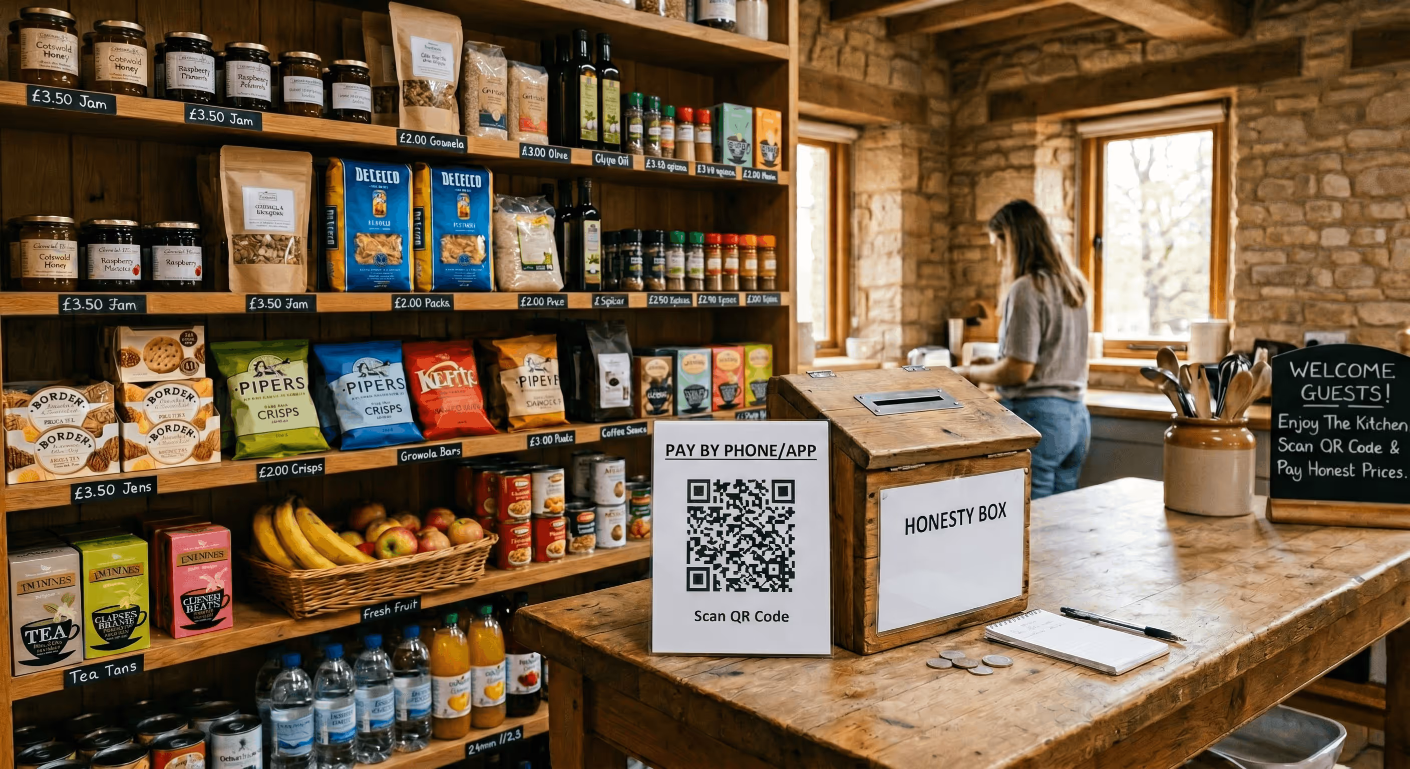 Rustic shop interior with wooden shelves stocked with food items, an honesty box with QR code for phone payment on a wooden table, and a woman standing near a stone wall window.