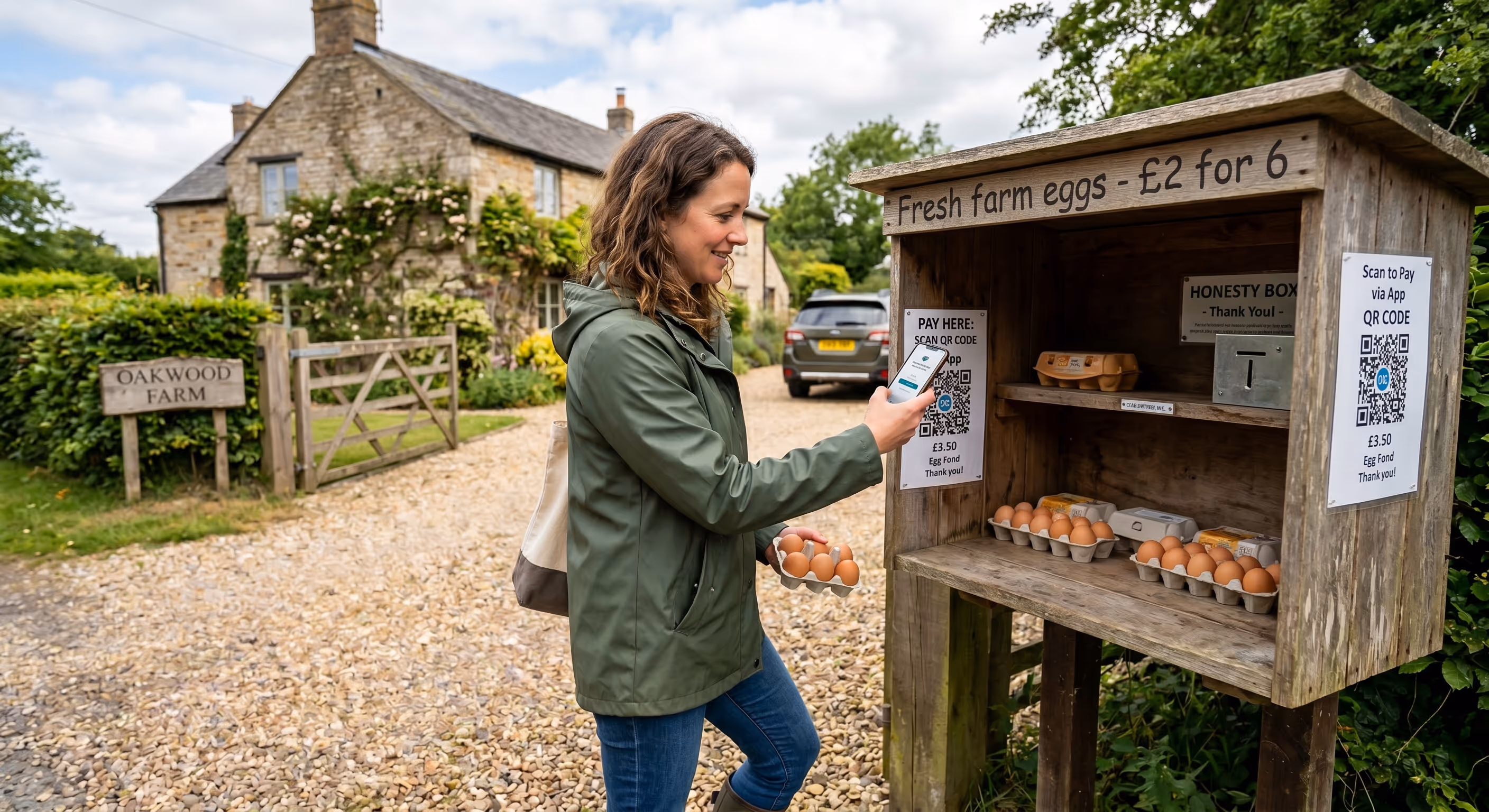 Woman in green jacket holding eggs and scanning QR code to pay at a wooden honesty box selling fresh farm eggs for £2 for 6.