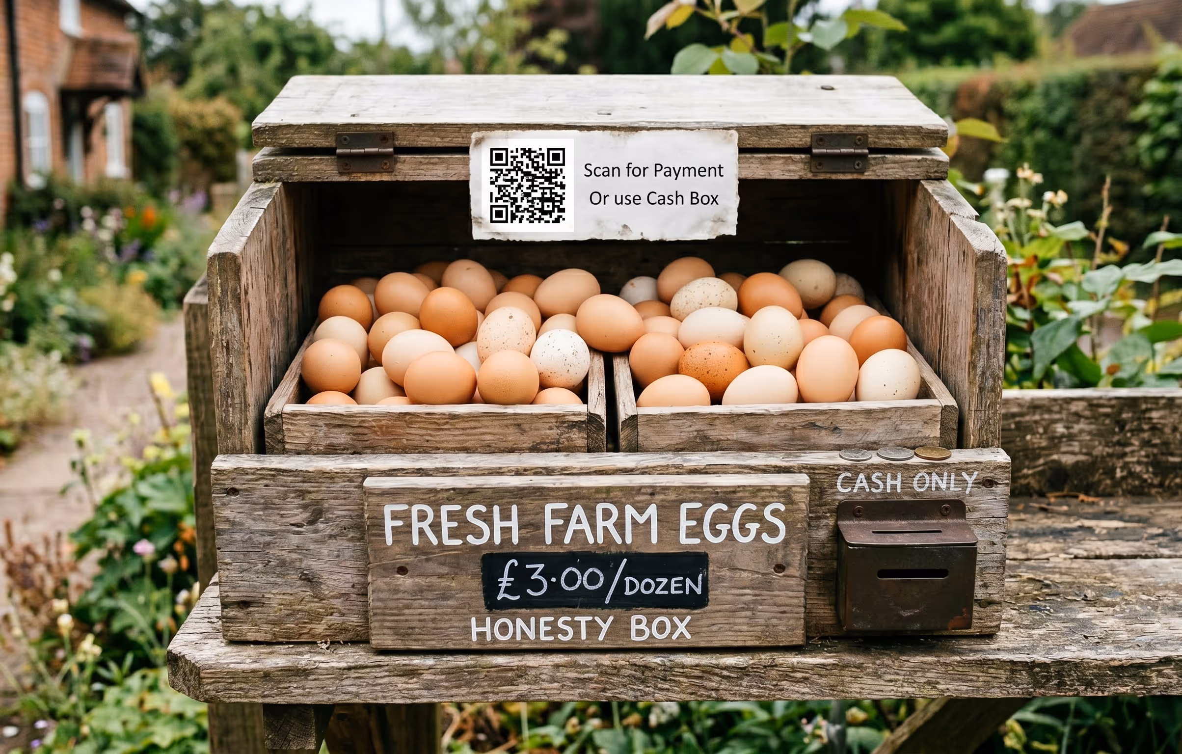 Wooden honesty box with fresh farm eggs and signs showing price £3.00 per dozen, cash only, and QR code for payment.