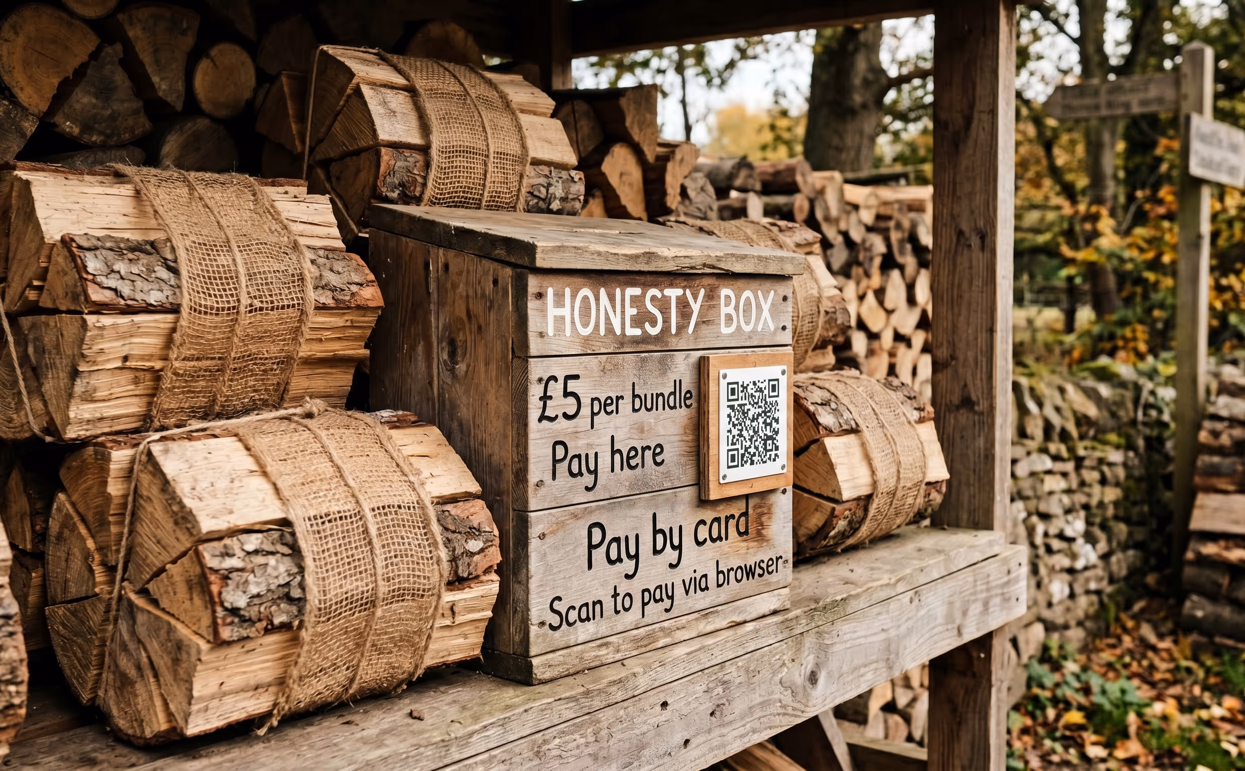 Wooden honesty box with a QR code for contactless payment, surrounded by bundles of firewood tied with burlap straps.