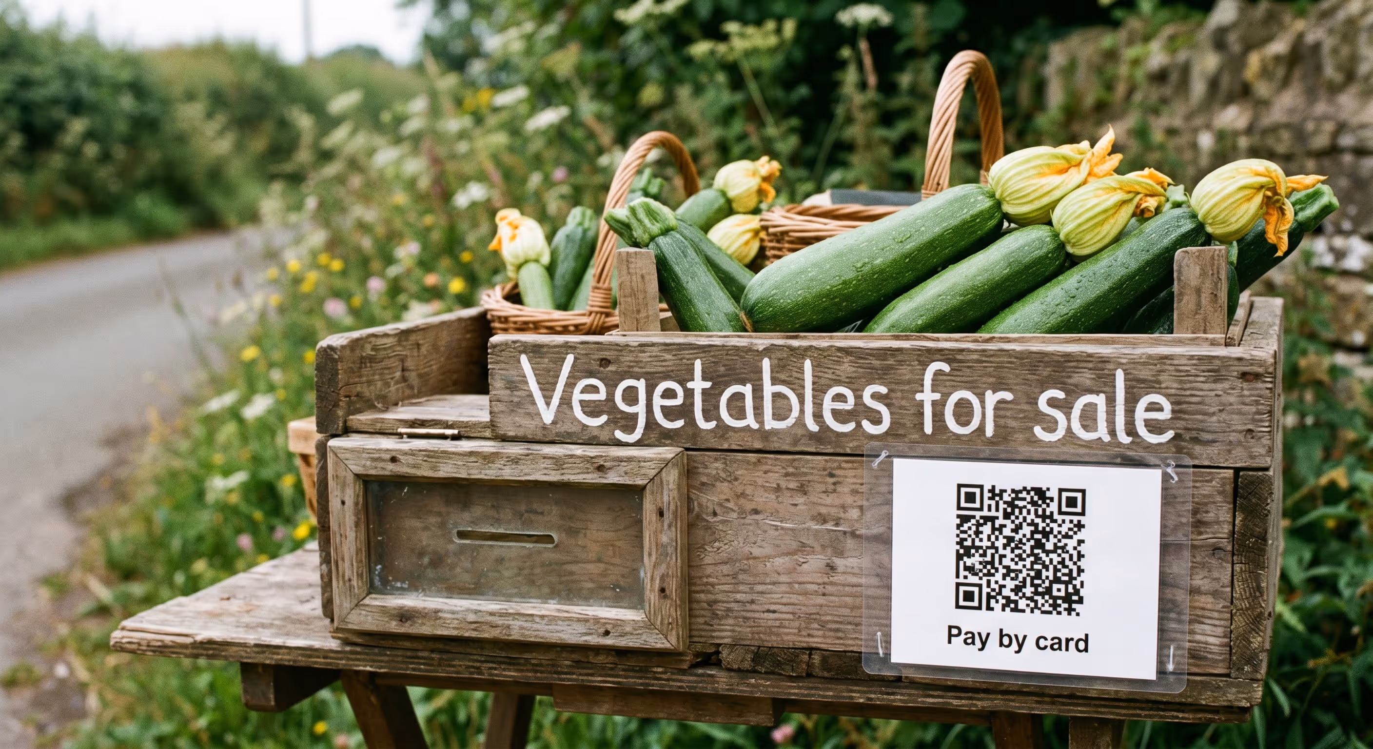 Wooden stand with zucchinis and a sign reading 'Vegetables for sale' along with a QR code for card payment.