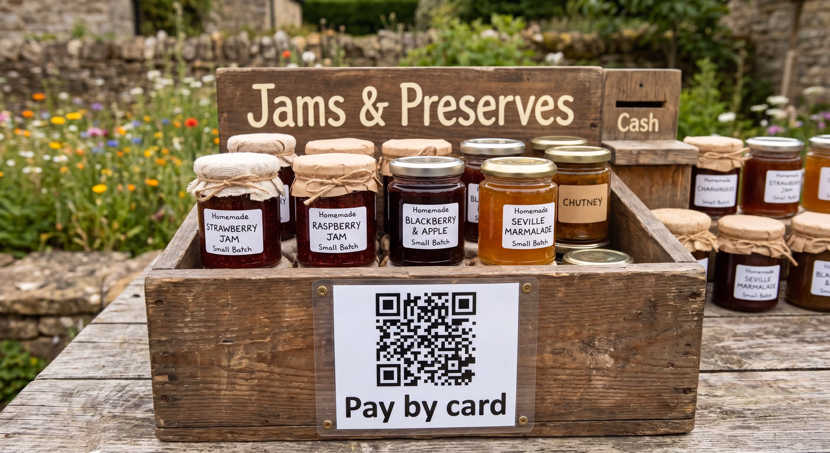 Wooden crate on a table displaying homemade jams and preserves jars with labels like strawberry, raspberry, blackberry & apple, seville marmalade, and chutney, with a sign reading 'Pay by card' and a QR code.