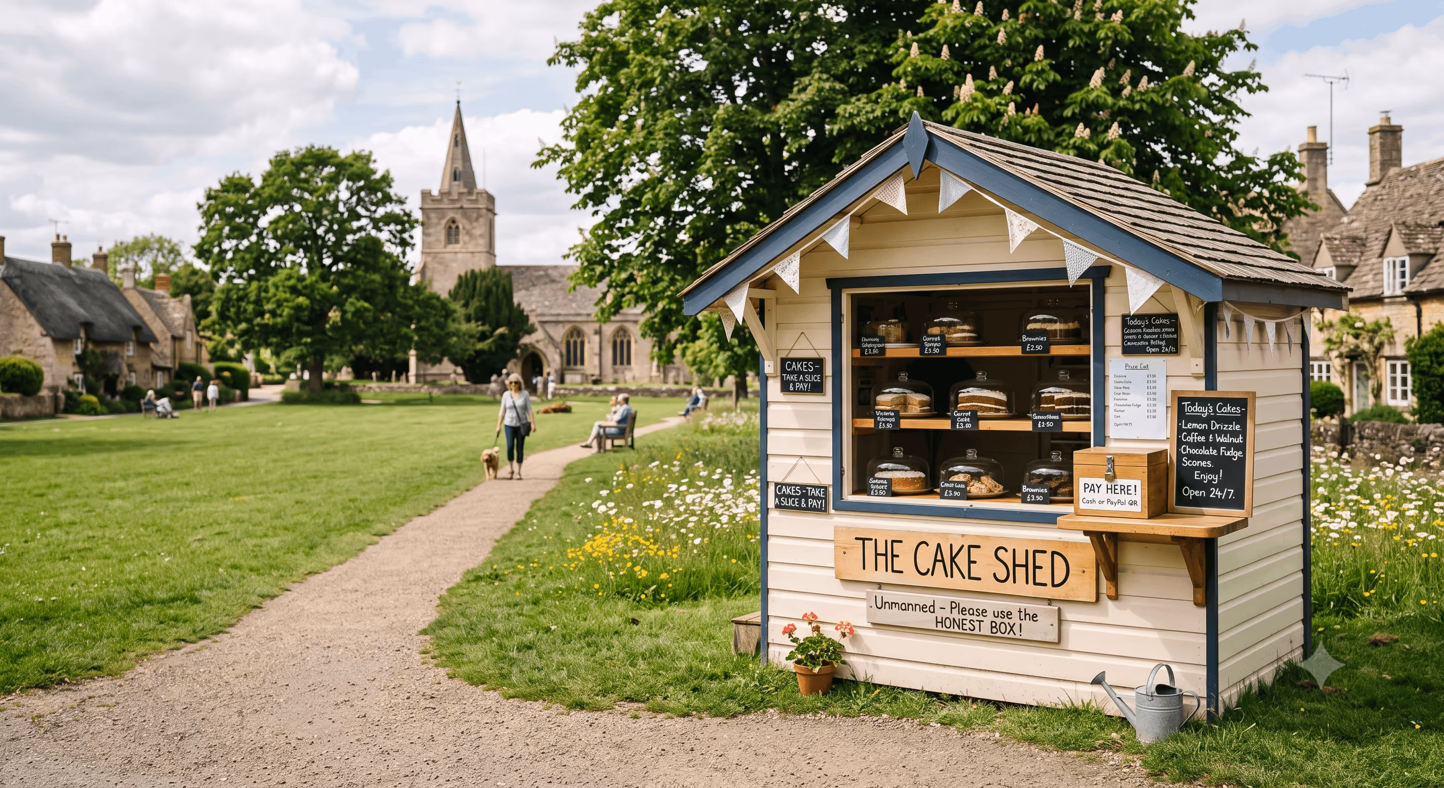Small unmanned cake shed with cakes for sale in a village green with church and cottages in background.