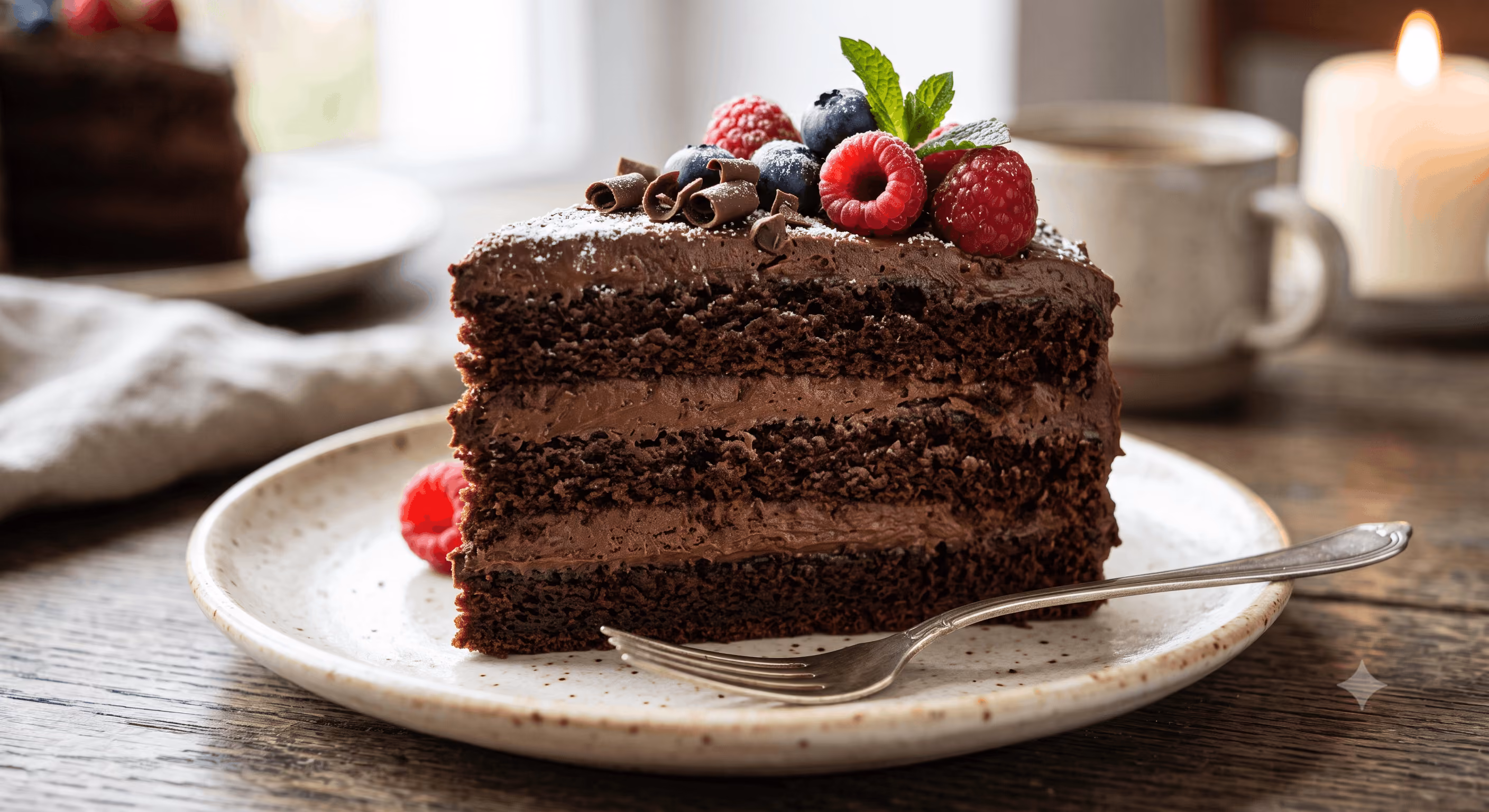 Slice of layered chocolate cake with chocolate frosting, berries, and mint on a speckled plate with fork.