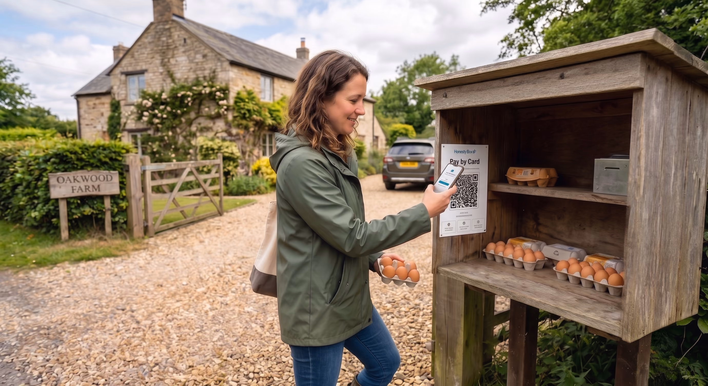 Woman buying eggs from an honesty box at Oakwood Farm using a phone to pay by card.