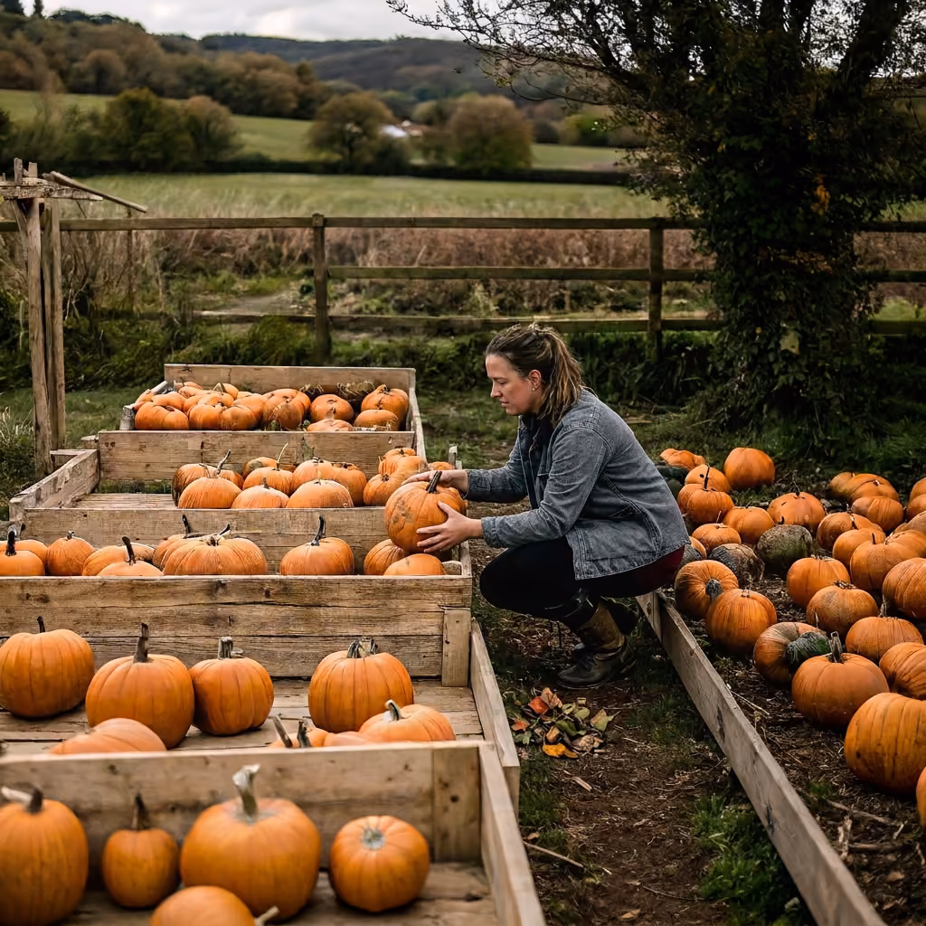 Woman examining a pumpkin while crouching next to wooden crates filled with pumpkins outdoors.