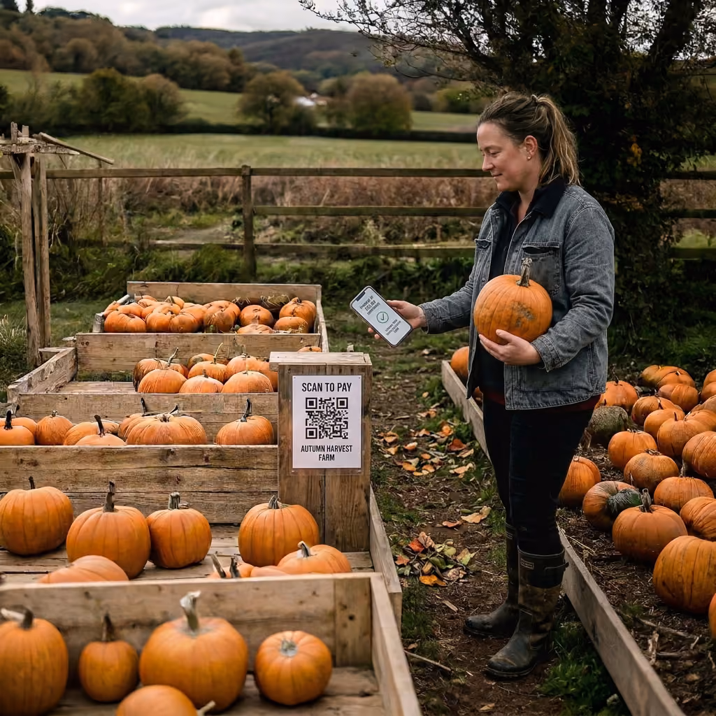 Woman at pumpkin farm scanning QR code on phone to pay while holding a pumpkin in her arm.