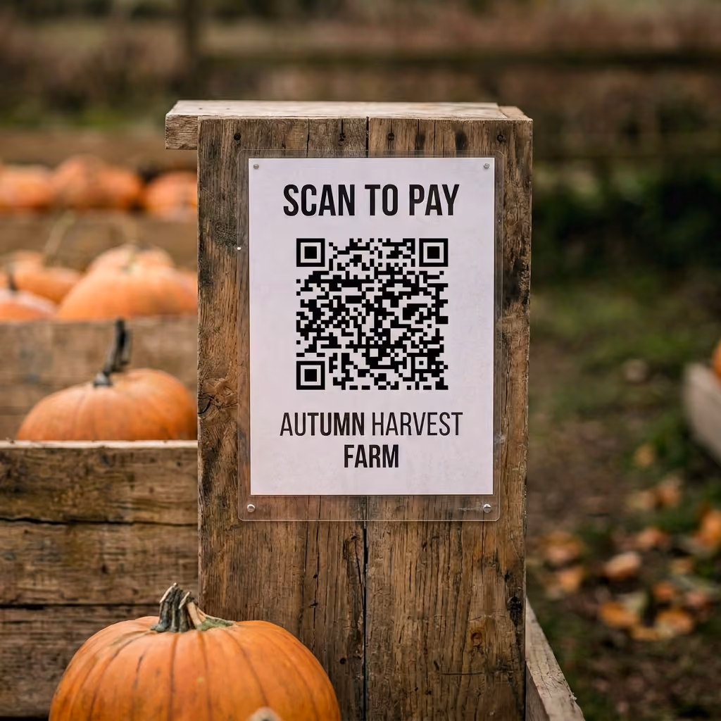 Wooden stand with a sign that reads 'Scan to Pay Autumn Harvest Farm' and a QR code in a pumpkin patch.