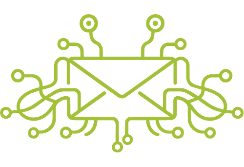 Green digital envelope icon with circuitry lines extending outward, symbolizing electronic mail or digital communication.
