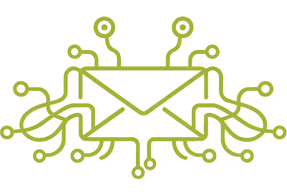 Green digital envelope icon with circuitry lines extending outward, symbolizing electronic mail or digital communication.