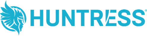 Huntress brand name with teal stylized logo of a woman’s face and winged hair.