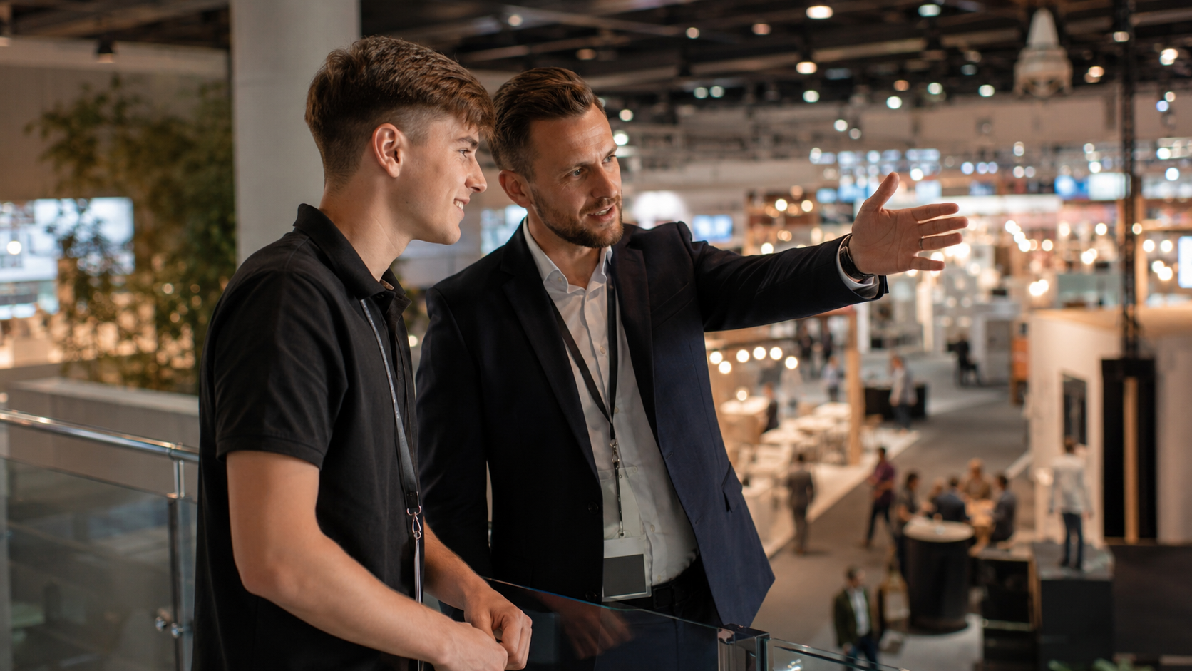 Studentin als Aushilfe auf einer Messe mit Besuchergruppe an einem Unternehmensstand