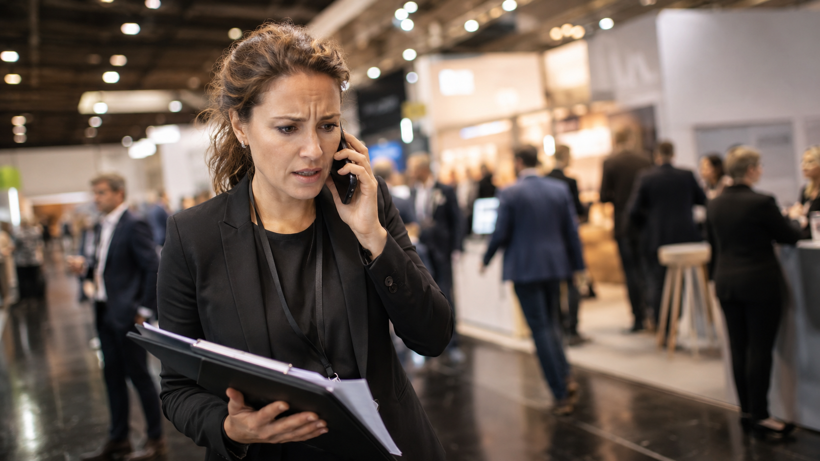 Gestresste HR-Managerin am Telefon organisiert kurzfristig Ersatzpersonal für einen Messestand