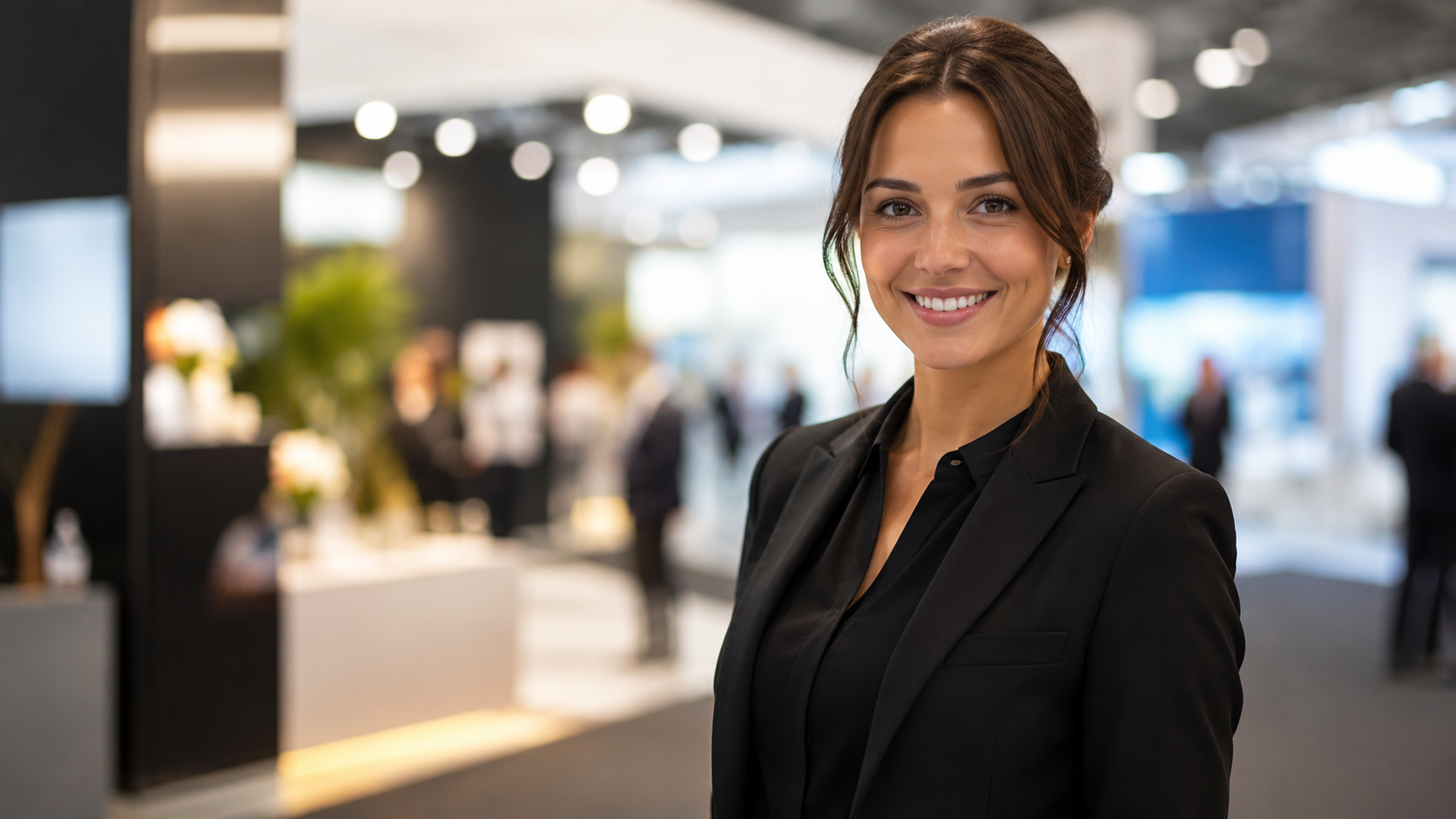 Junge Frau als Messe-Hostess empfängt Besucher an einem Unternehmensstand