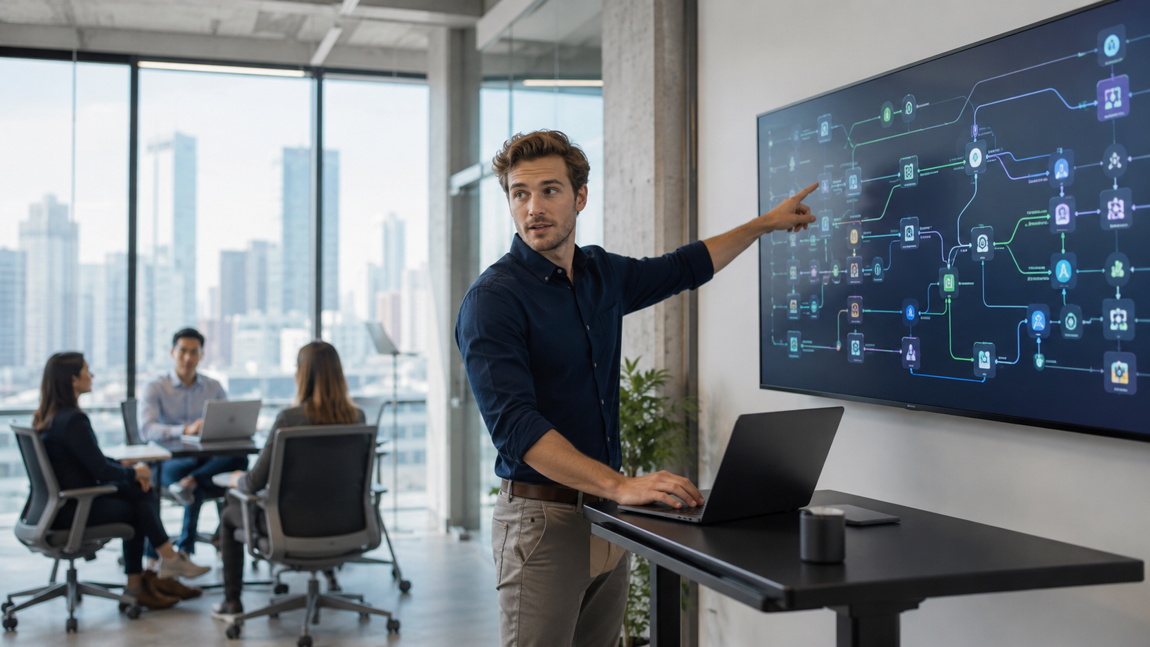 Vergleich der Automatisierungstools n8n und Zapier auf zwei Laptop-Bildschirmen in modernem Büro