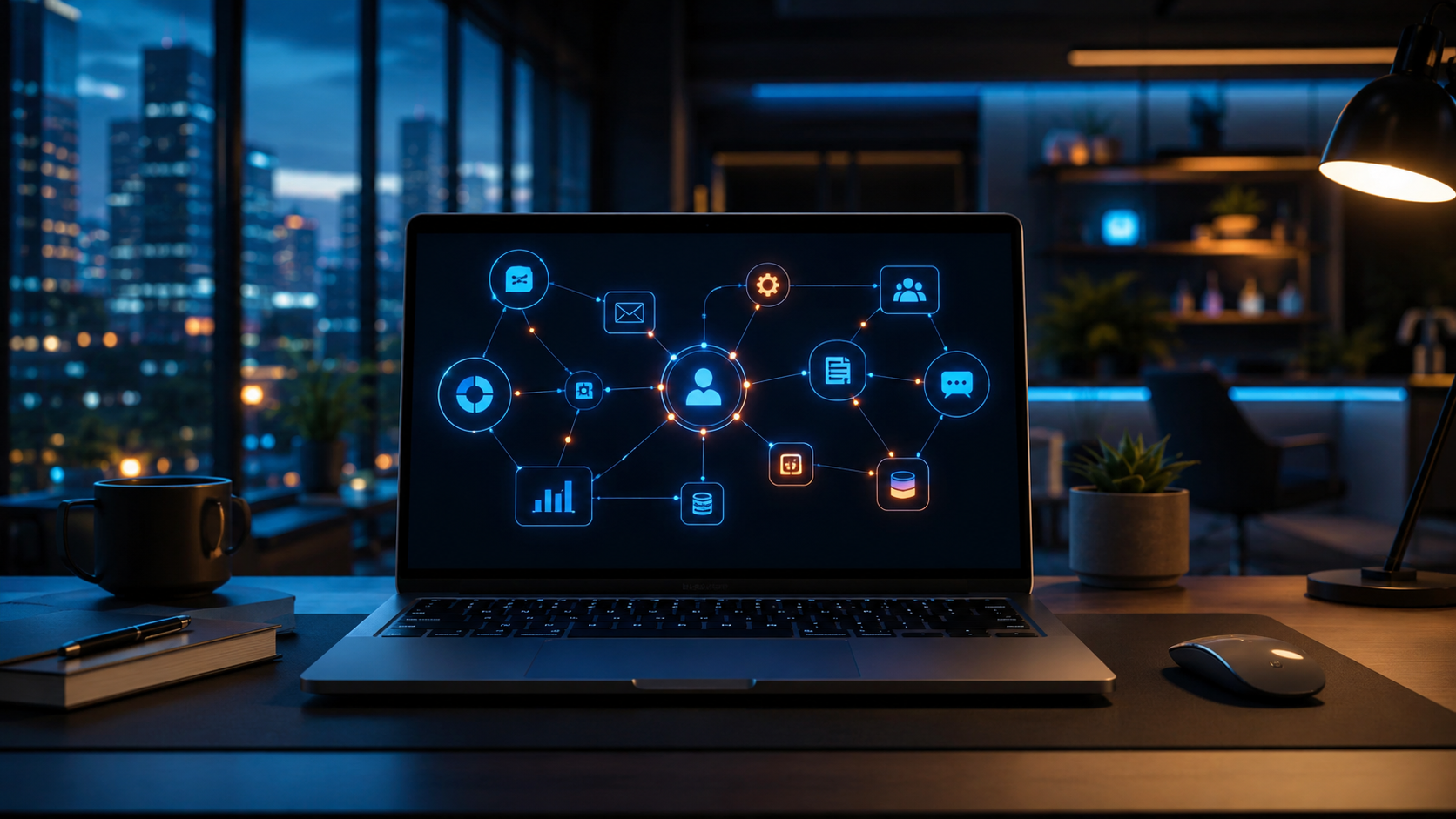Marketing Manager arbeitet mit KI-Tools und Automatisierungen auf zwei Bildschirmen im modernen Büro