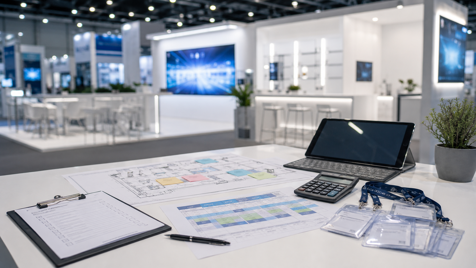 Messeplaner berechnet Personalbedarf auf Whiteboard mit Formel und Standplan