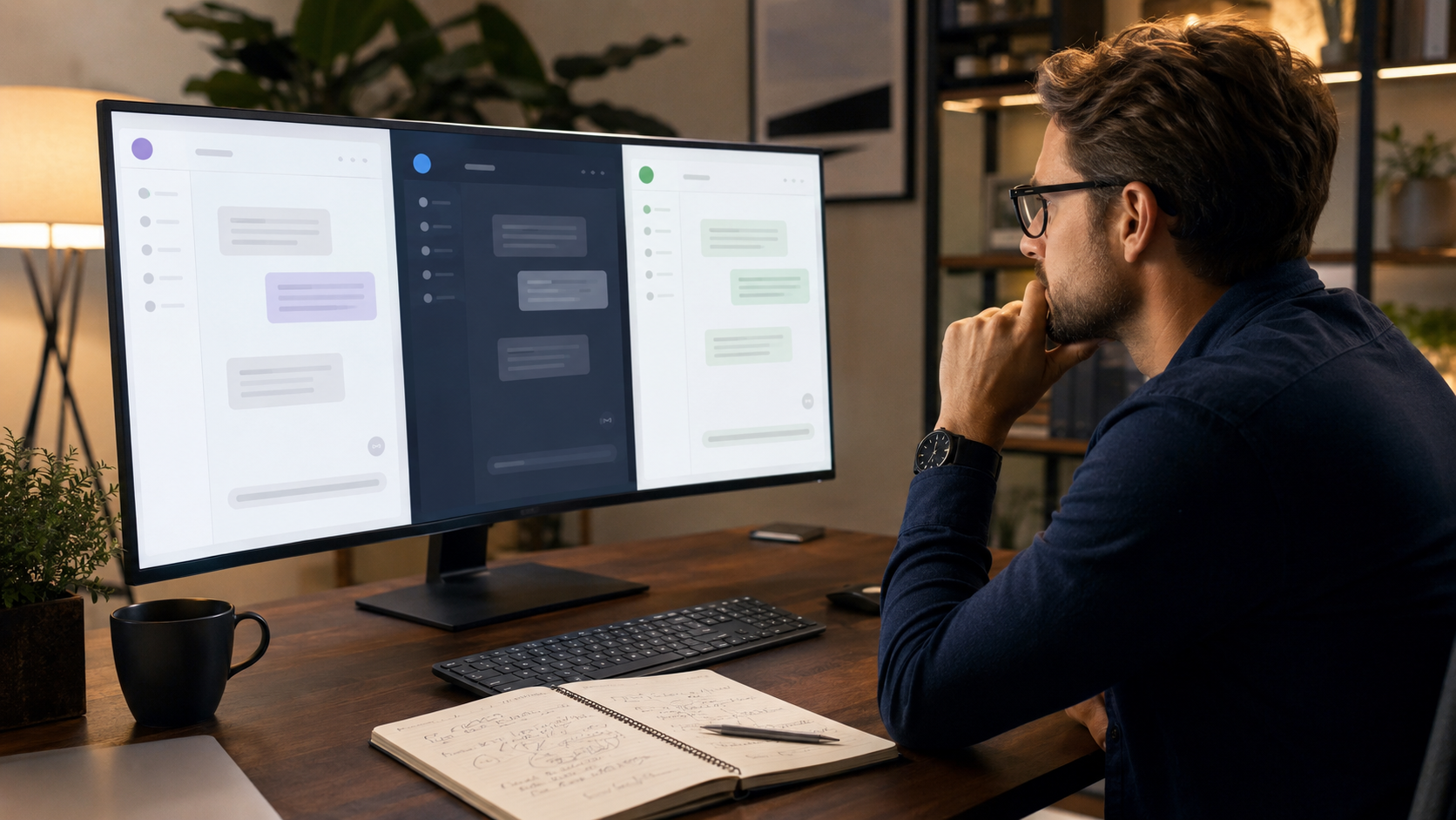 Marketing-Profi vergleicht Claude, Gemini und ChatGPT auf Laptop-Bildschirm in modernem Büro
