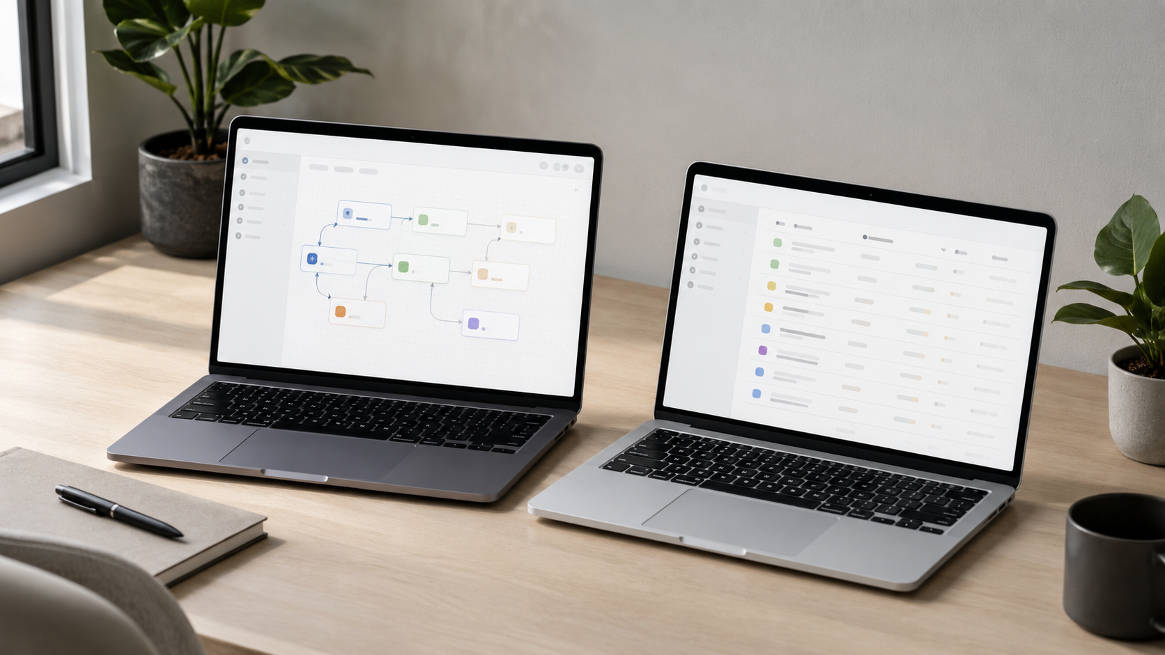 Marketing Engineer arbeitet an Automatisierungs-Workflow auf großem Monitor im modernen Tech-Büro
